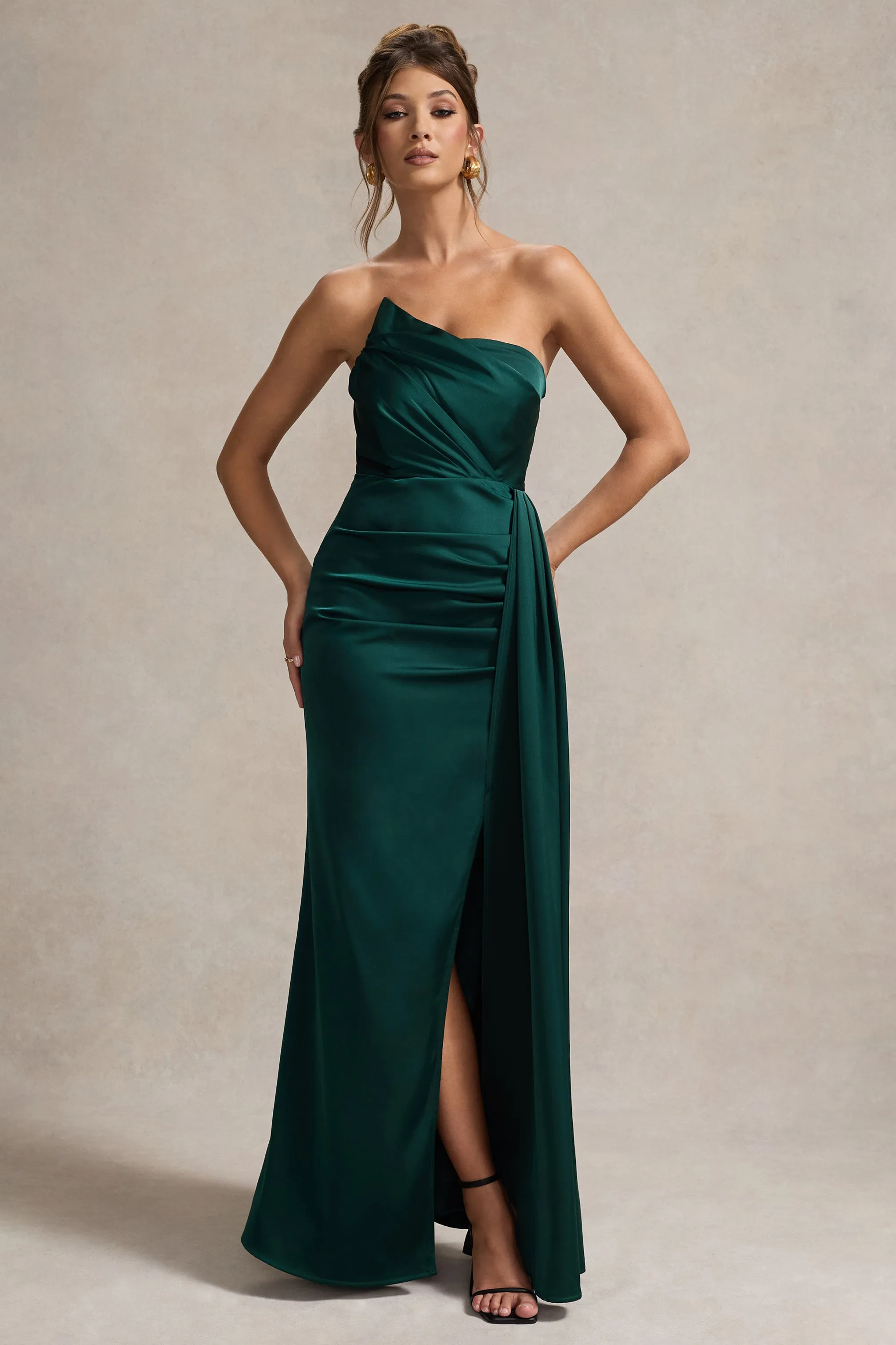 Hollywood | Bottle Green Satin Strapless Draped Maxi Dress sold by Club L London product image thumbnail 4