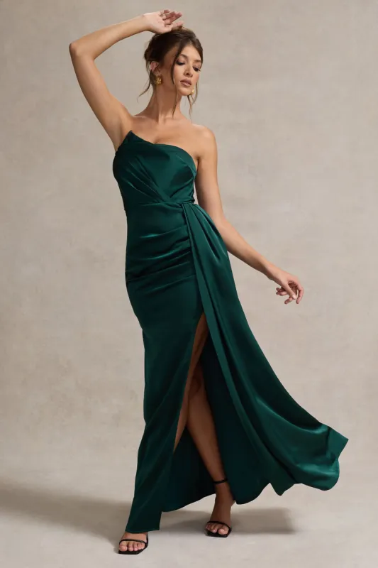 Hollywood | Bottle Green Satin Strapless Draped Maxi Dress sold by Club L London