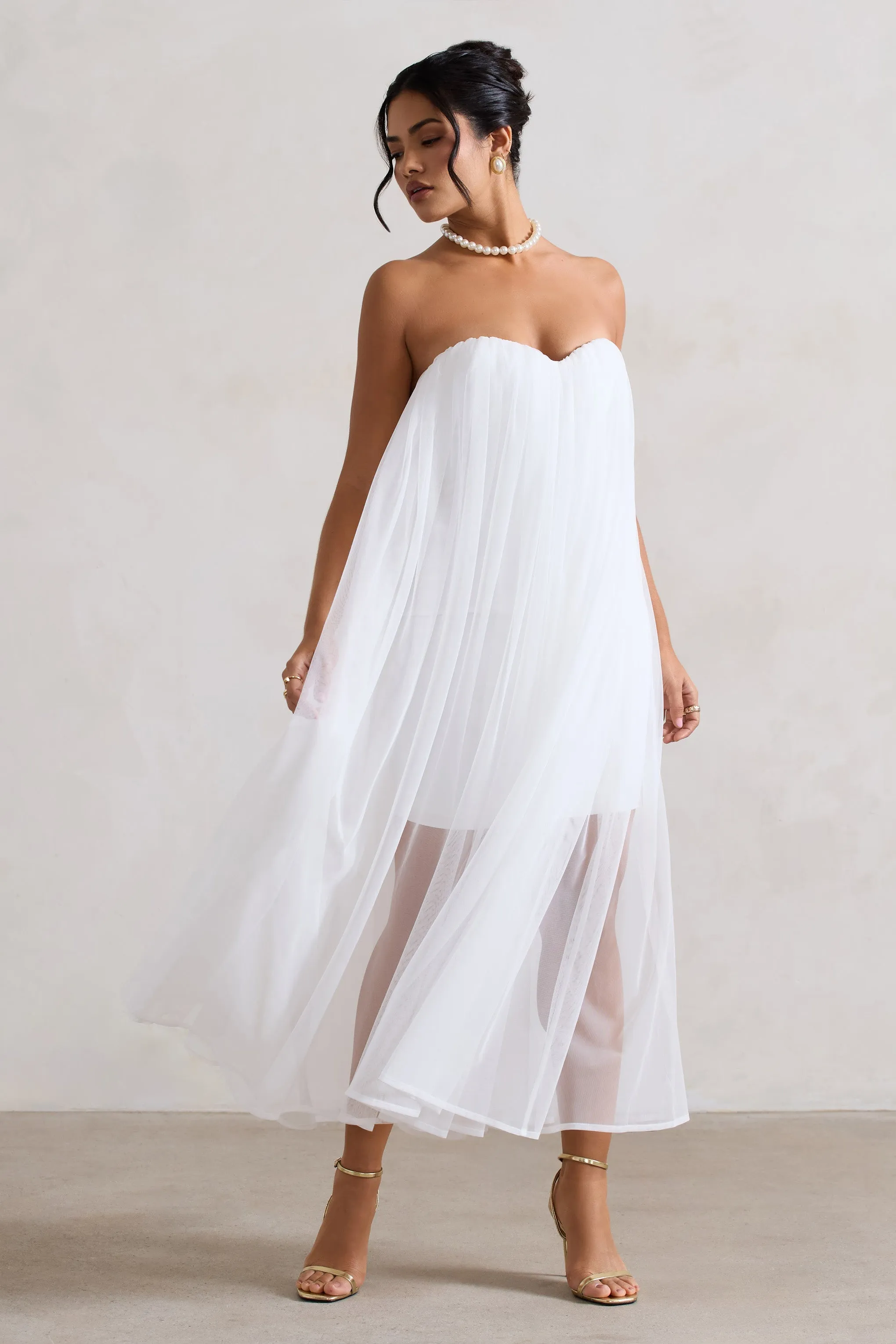 Dreamland | Ivory Sweetheart Corset Mini Dress With Tulle Overlay sold by Club L London