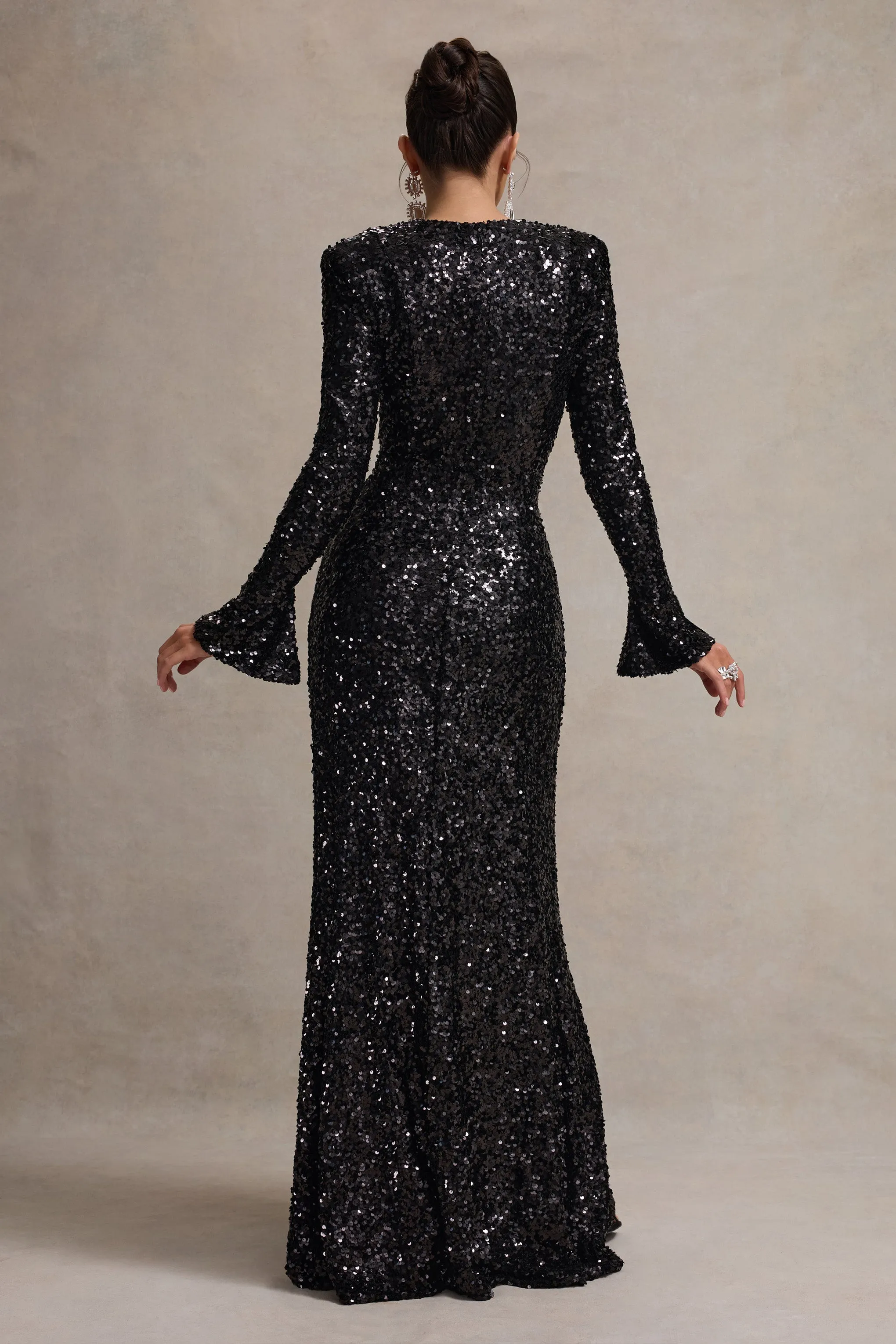 Wild Dream | Black Sequin Plunge-Neck Ruffle Split Maxi Dress sold by Club L London product image thumbnail 2