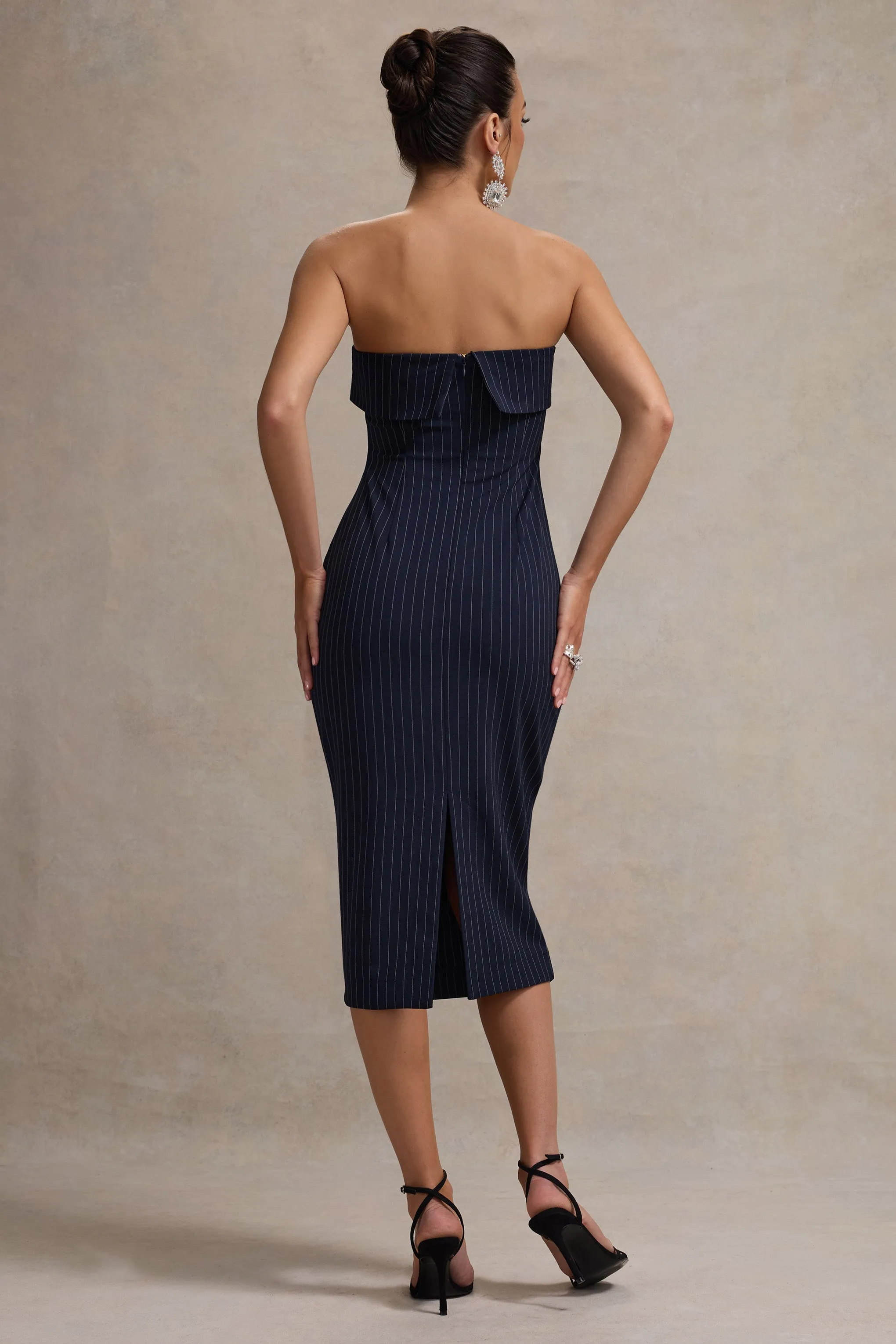 Highway | Navy Pinstripe Strapless Midi Dress sold by Club L London product image thumbnail 2
