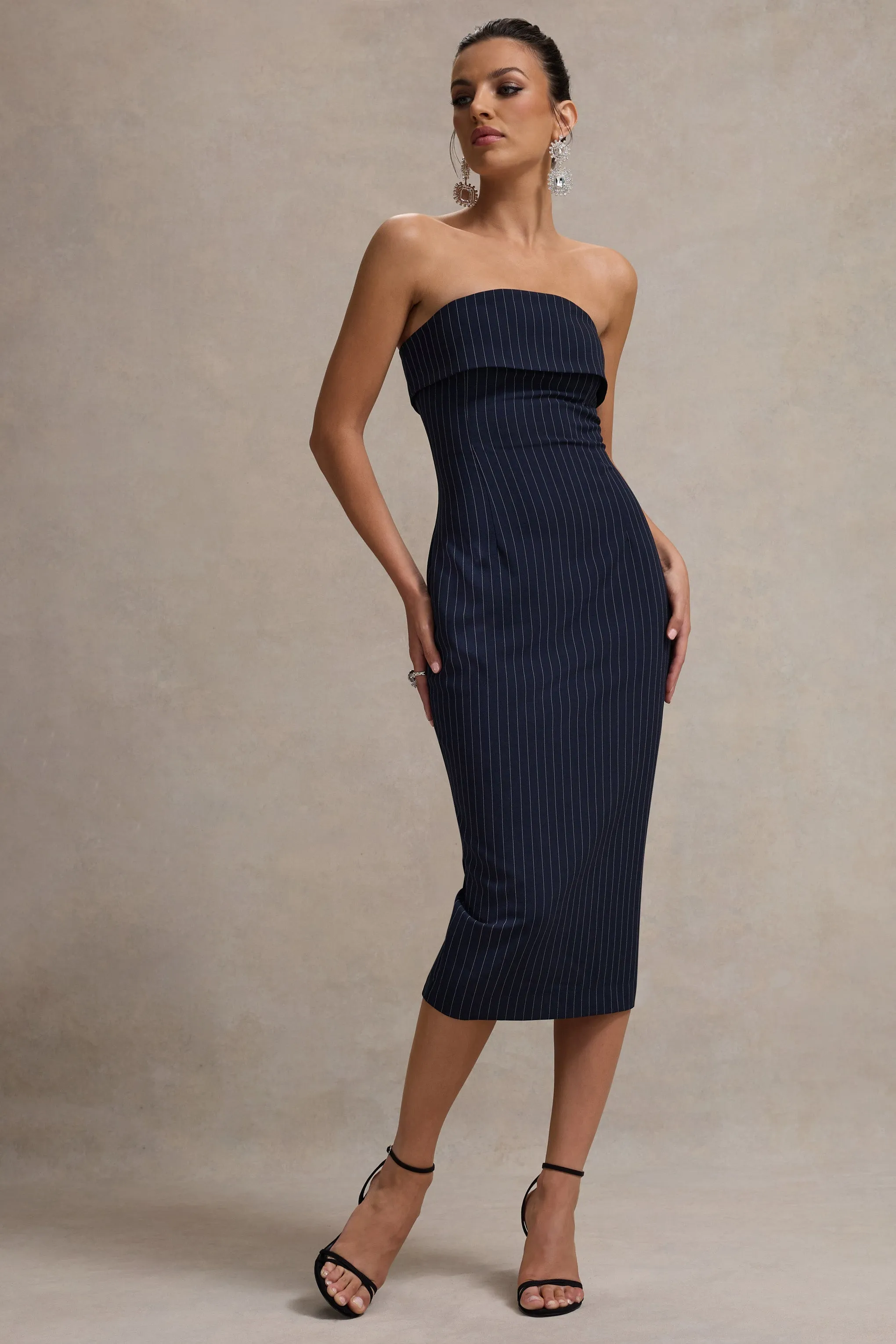 Highway | Navy Pinstripe Strapless Midi Dress sold by Club L London