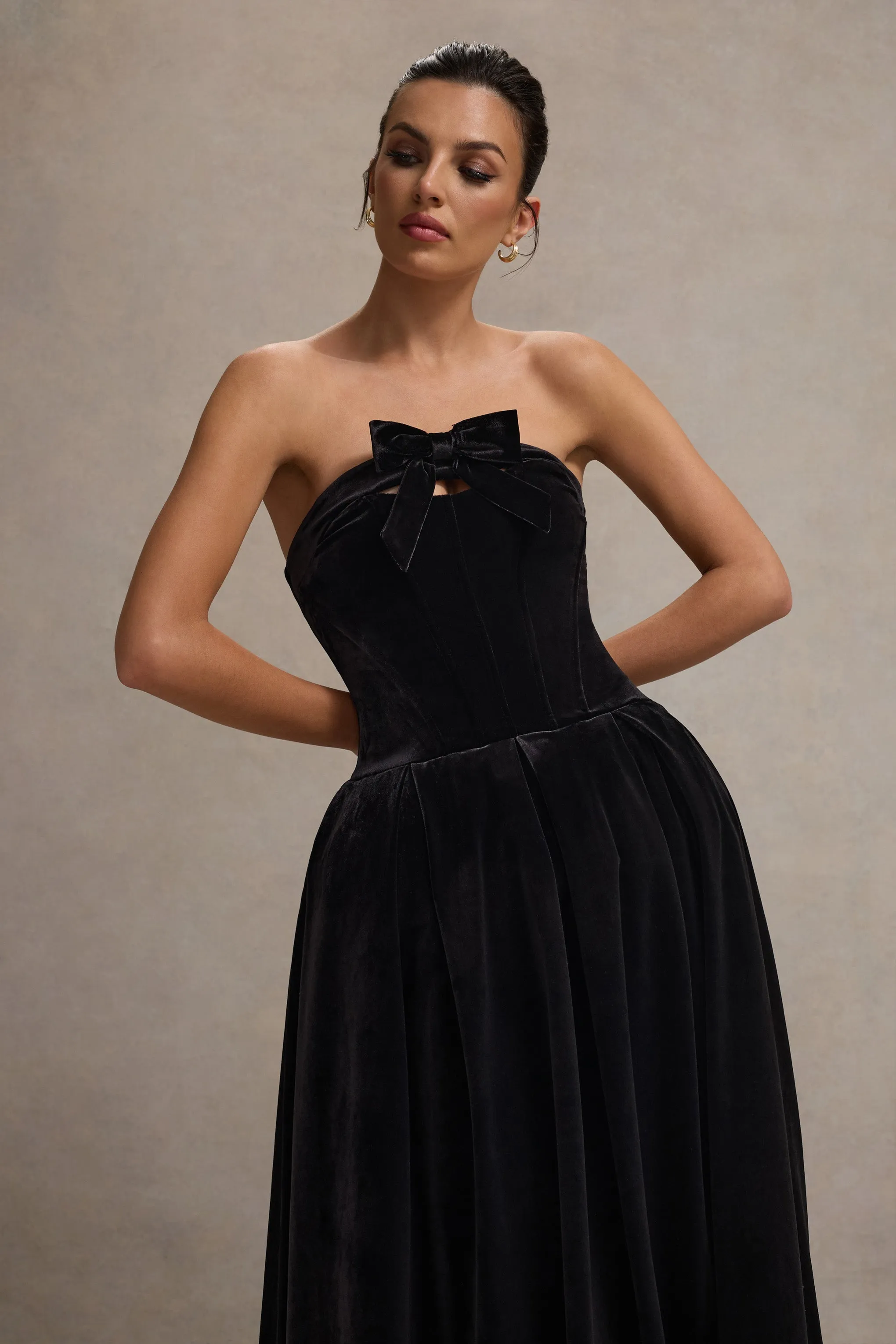 Hepburn | Black Velvet Bandeau Midi Dress With Bow sold by Club L London product image thumbnail 3