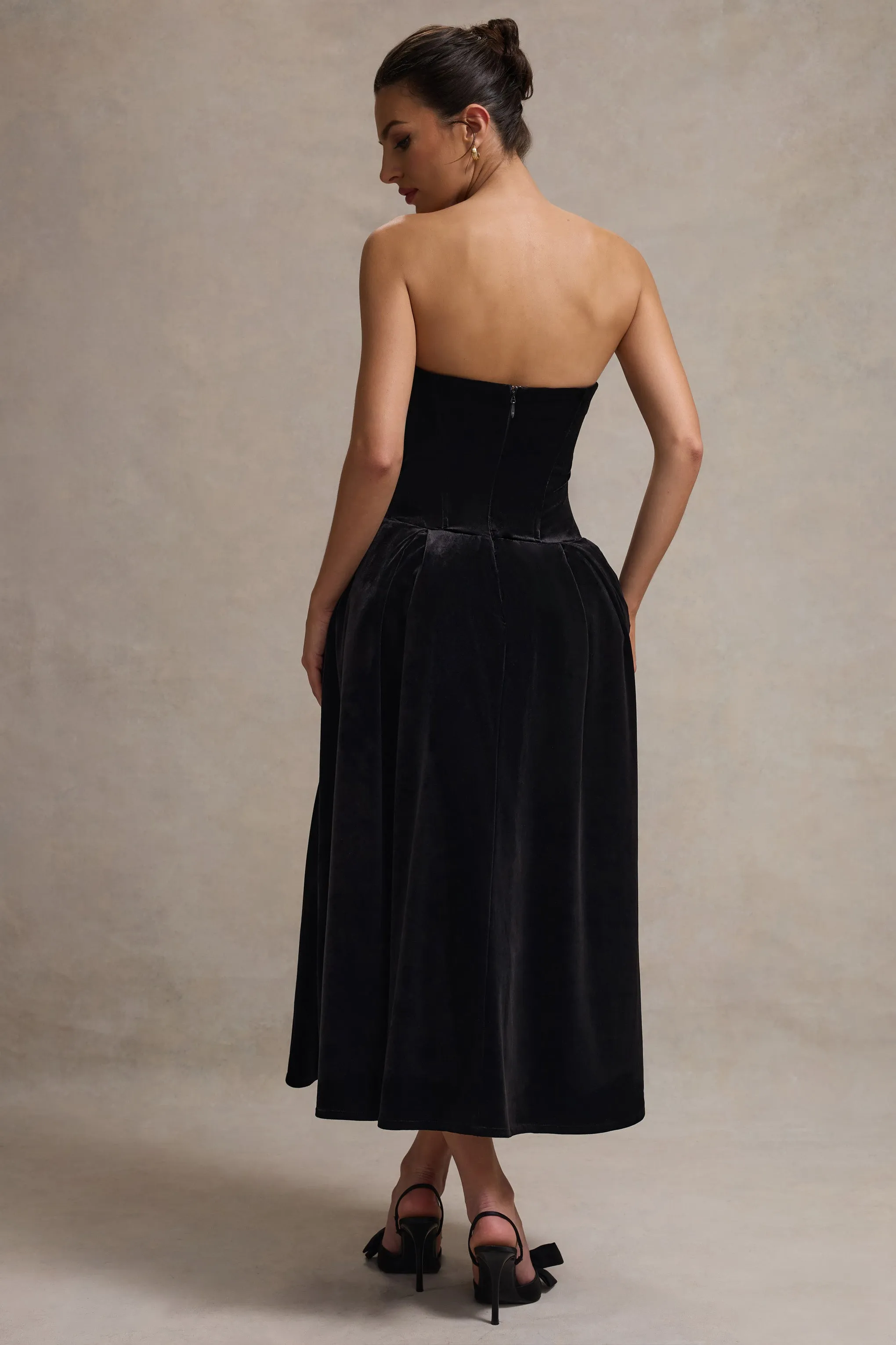 Hepburn | Black Velvet Bandeau Midi Dress With Bow sold by Club L London product image thumbnail 2