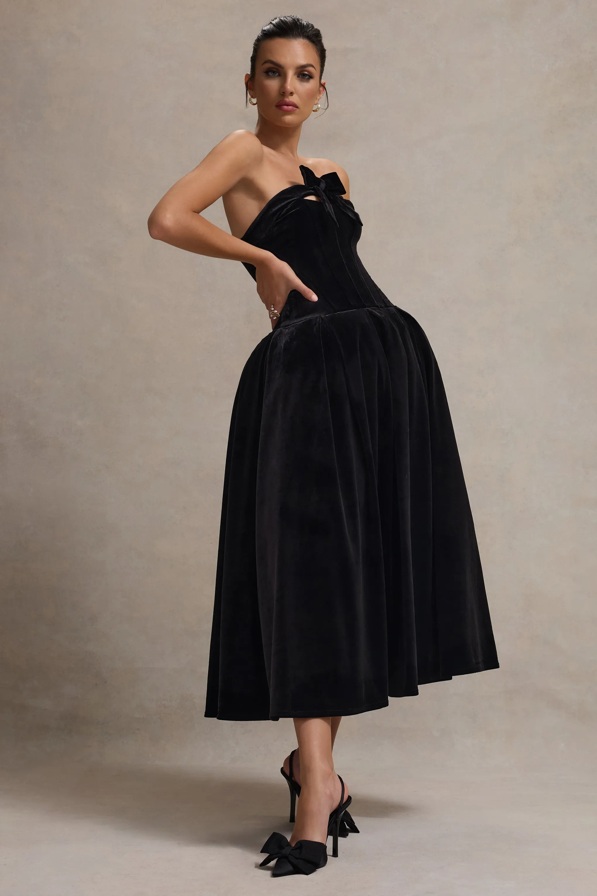 Hepburn | Black Velvet Bandeau Midi Dress With Bow sold by Club L London product image thumbnail 5