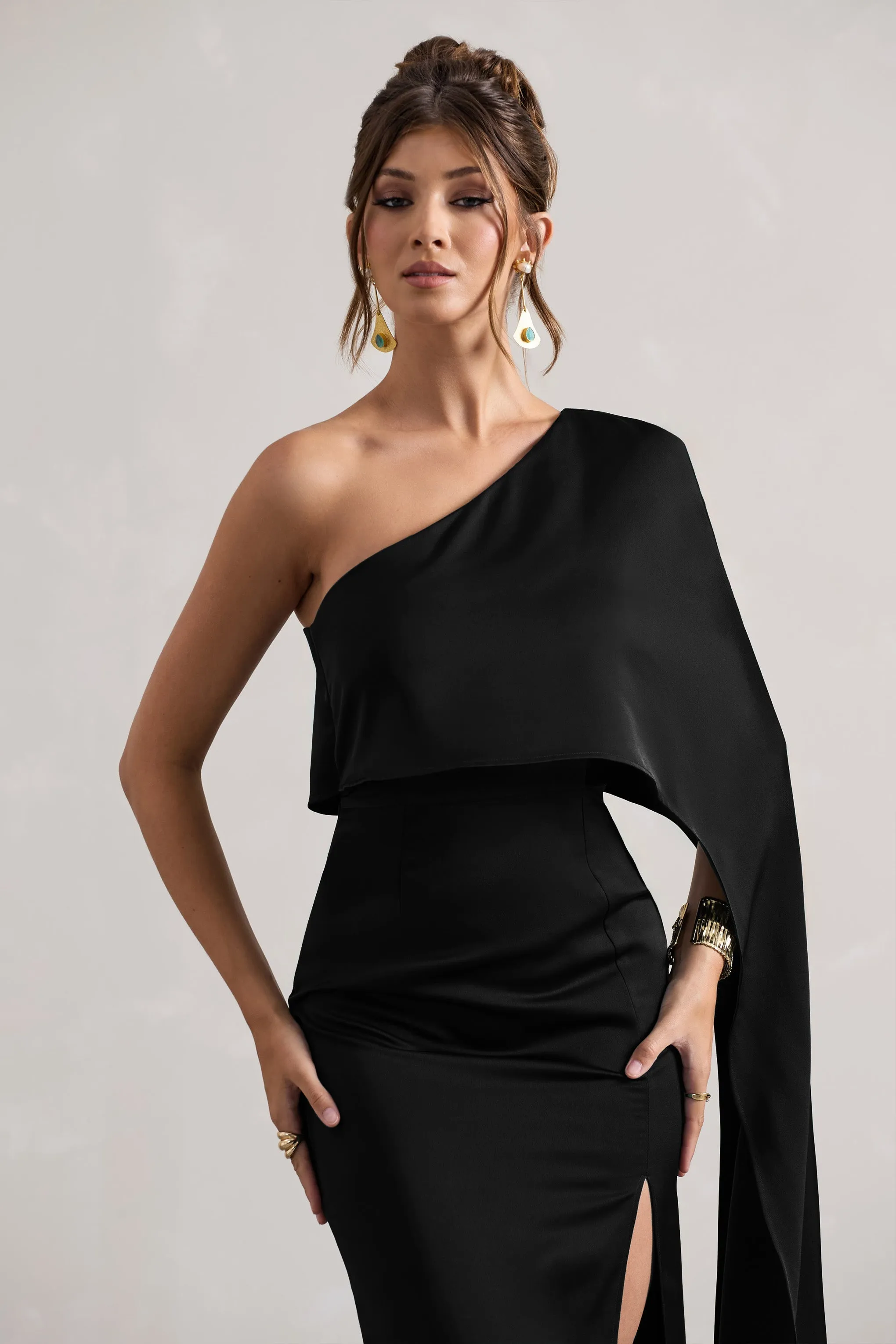 Amora | Black Satin Asymmetric Cape-Sleeve Split Maxi Dress sold by Club L London product image thumbnail 3