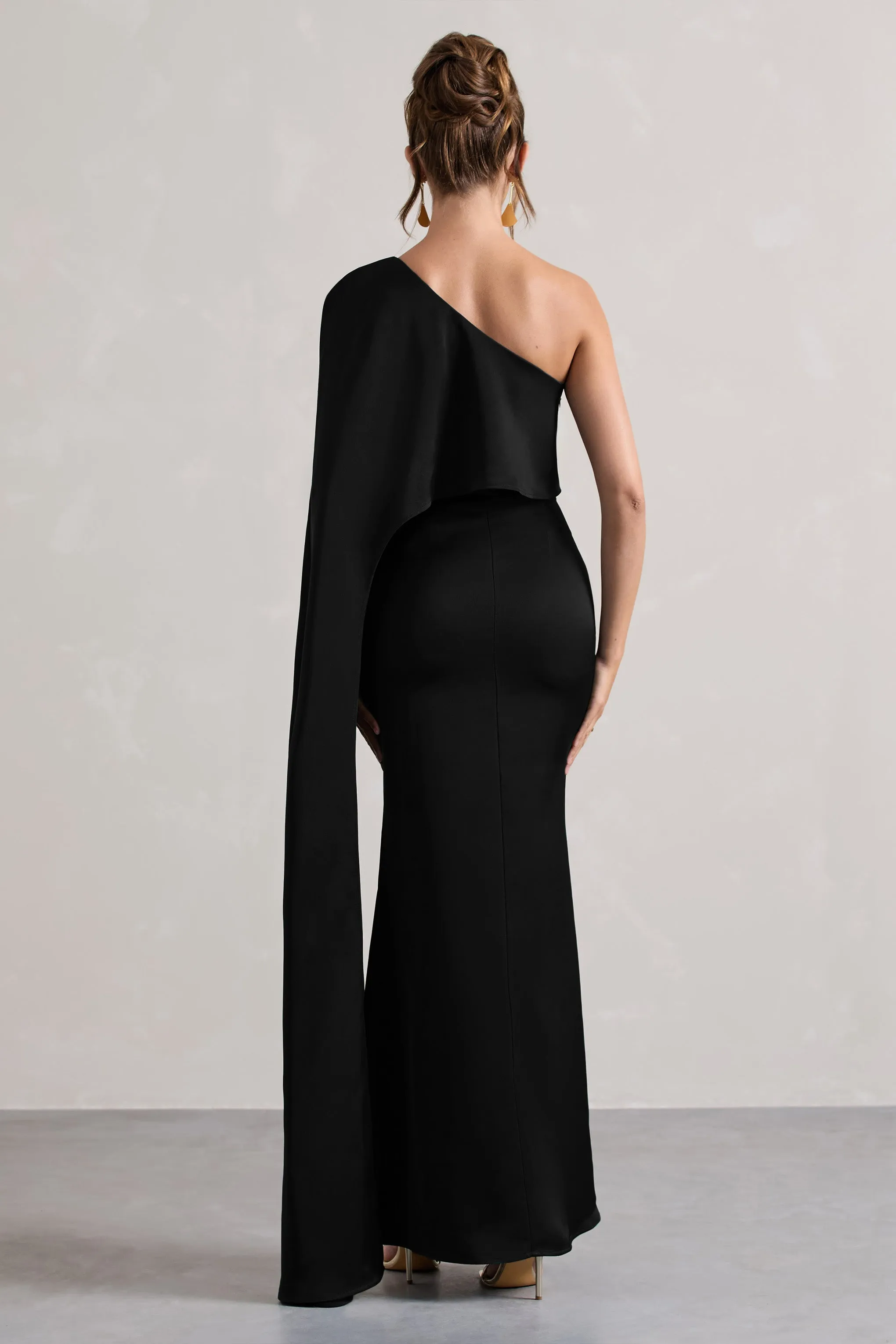 Amora | Black Satin Asymmetric Cape-Sleeve Split Maxi Dress sold by Club L London product image thumbnail 2