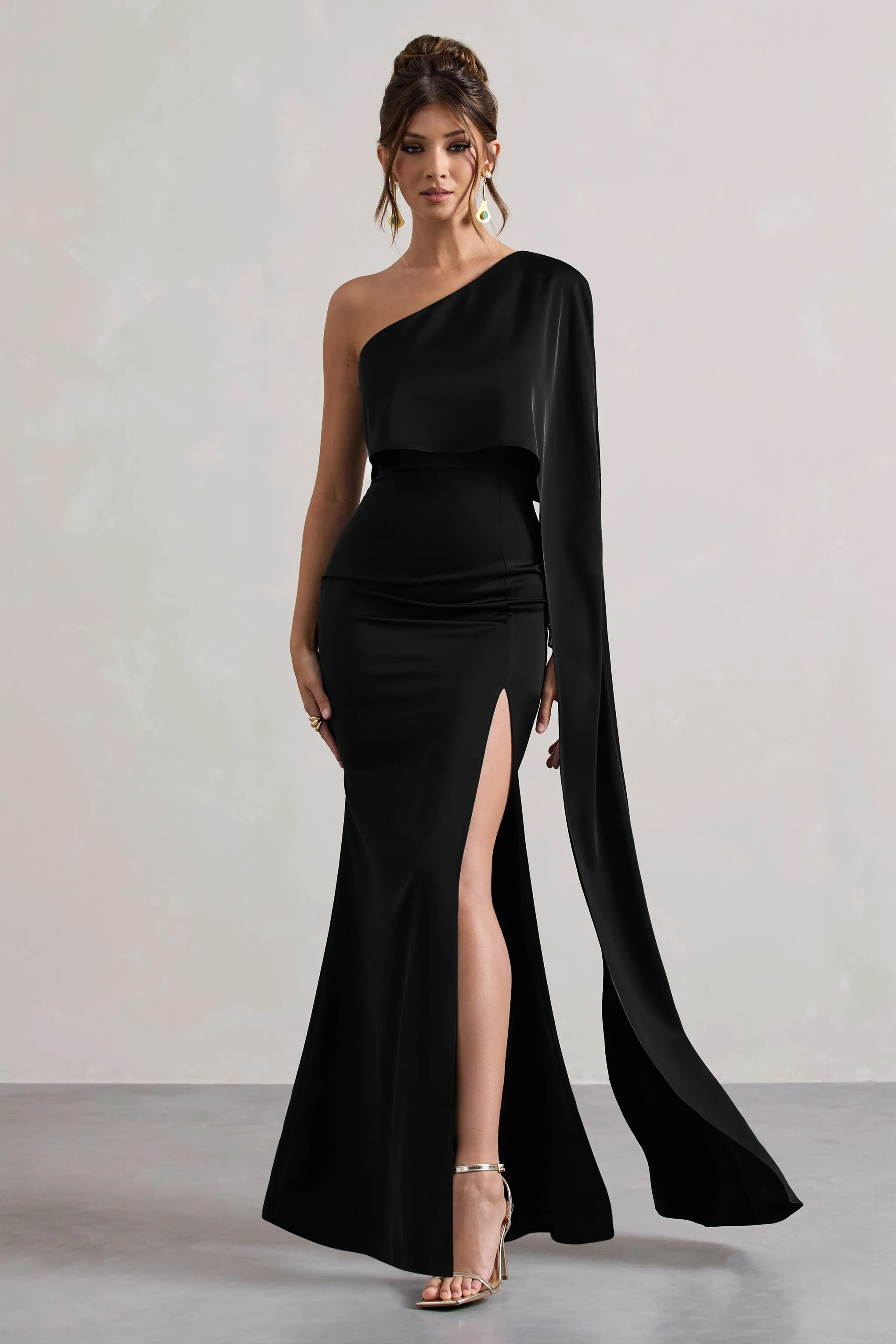 Amora | Black Satin Asymmetric Cape-Sleeve Split Maxi Dress sold by Club L London product image thumbnail 4