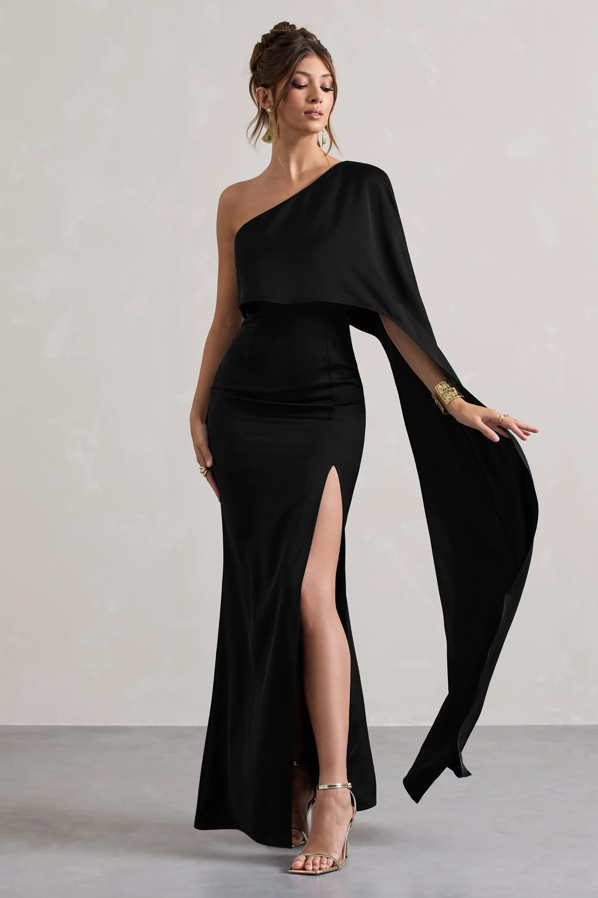 Amora | Black Satin Asymmetric Cape-Sleeve Split Maxi Dress sold by Club L London product image thumbnail 5