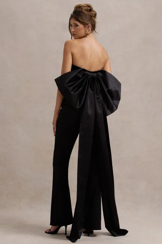 Sweet Escape | Black Satin Crop Top With Oversized Satin Bow sold by Club L London