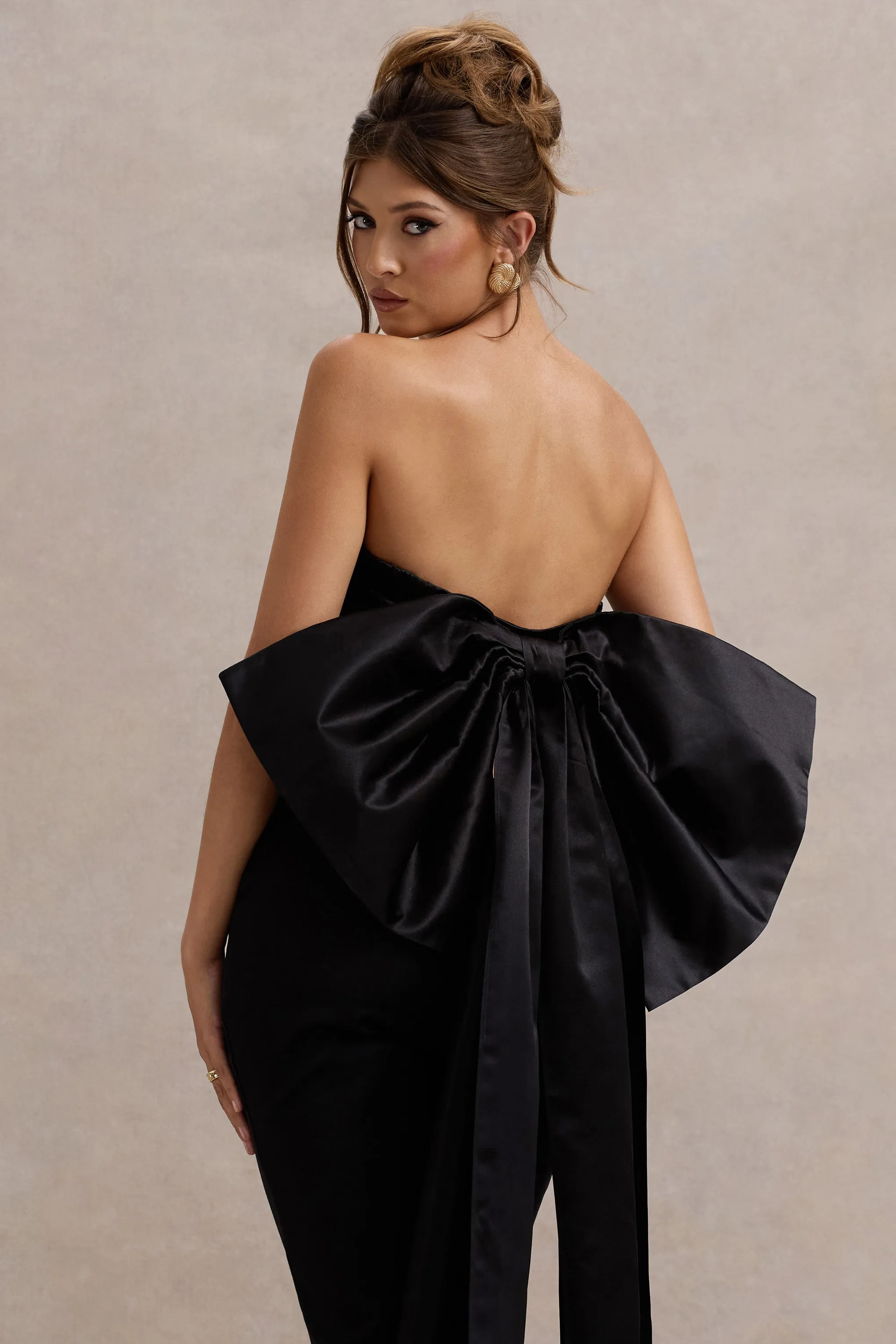 Sweet Escape | Black Satin Crop Top With Oversized Satin Bow sold by Club L London product image thumbnail 4
