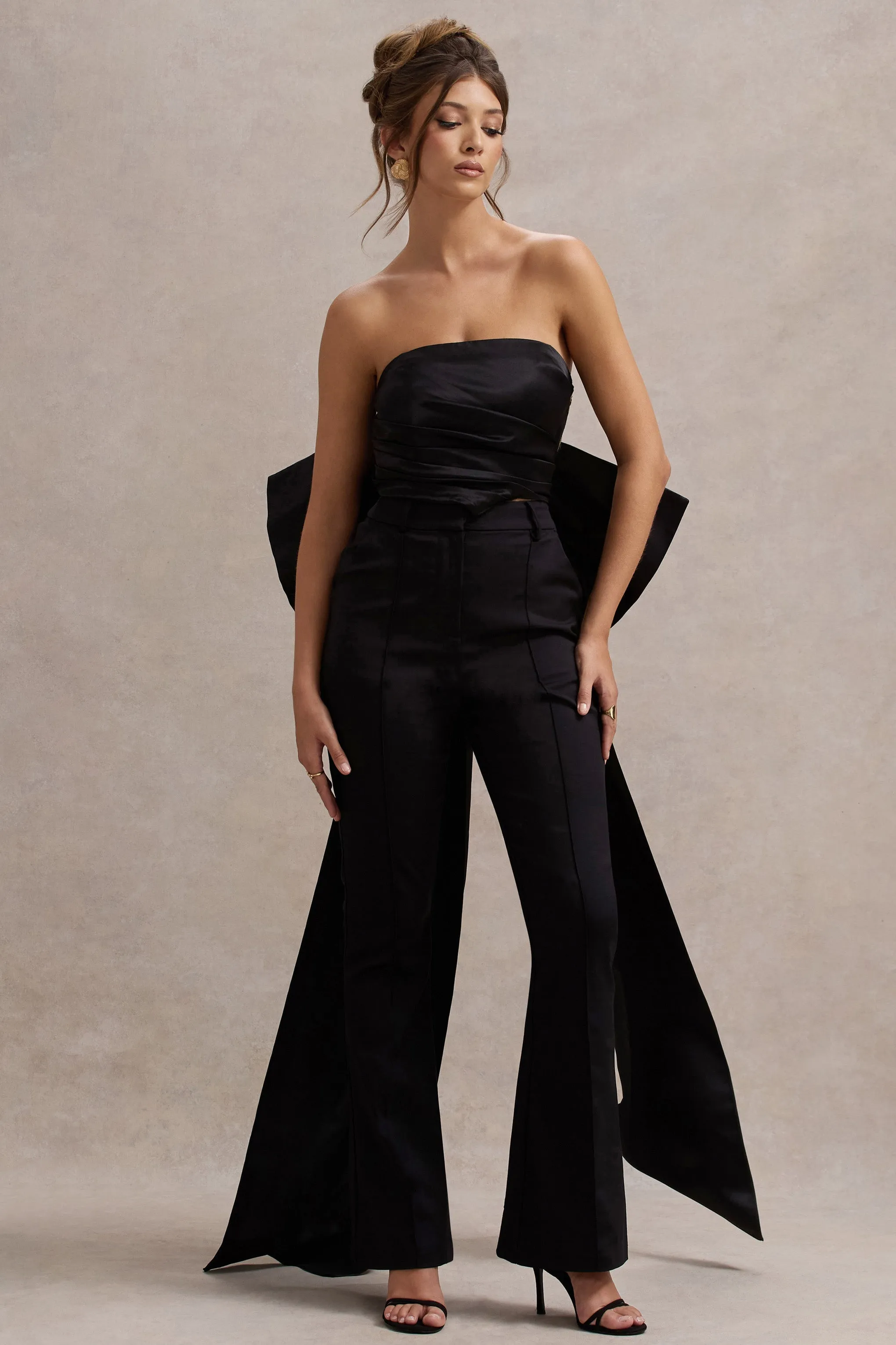 Sweet Escape | Black Satin Crop Top With Oversized Satin Bow sold by Club L London product image thumbnail 5