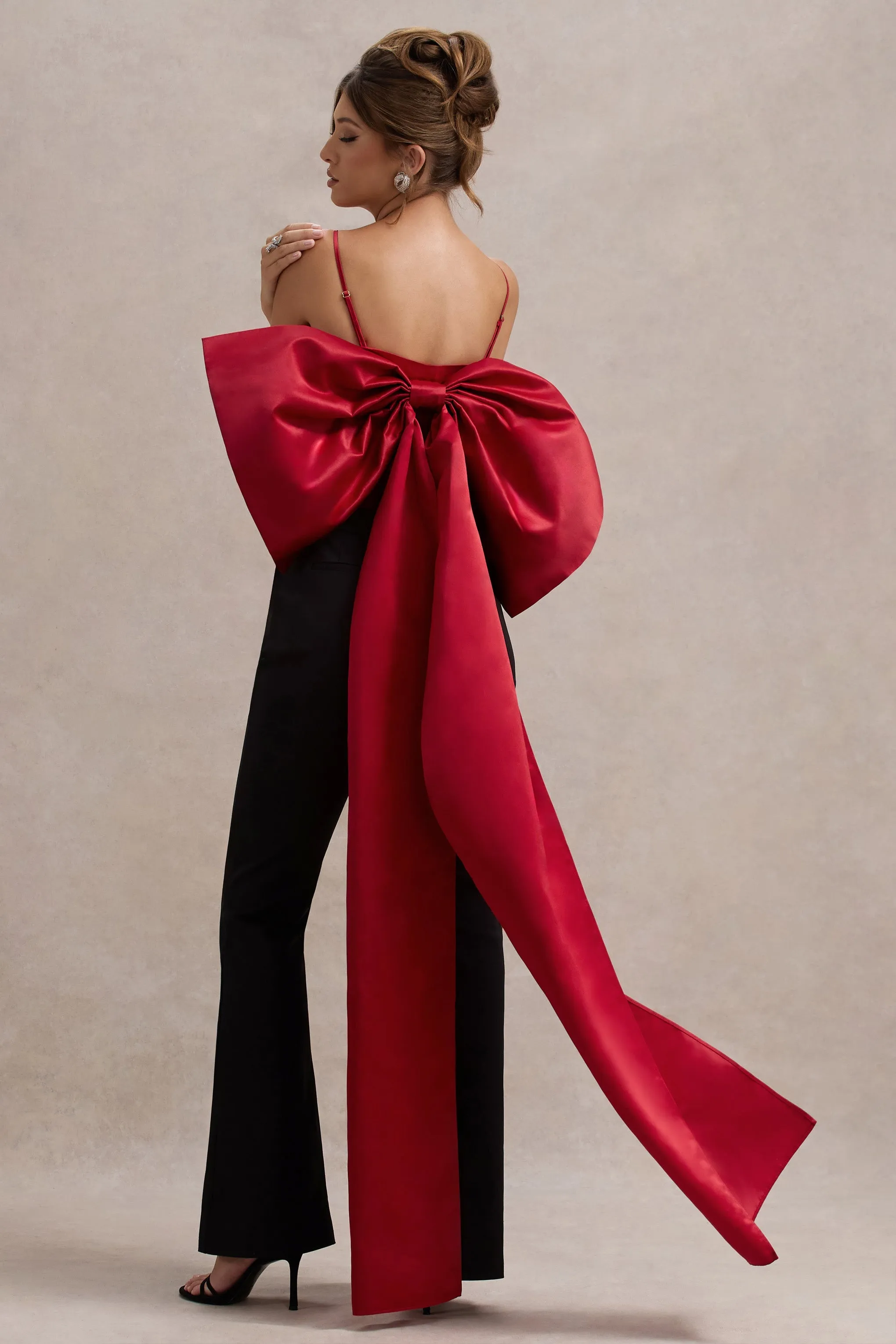 Sweet Escape | Red Satin Crop Top With Oversized Satin Bow sold by Club L London