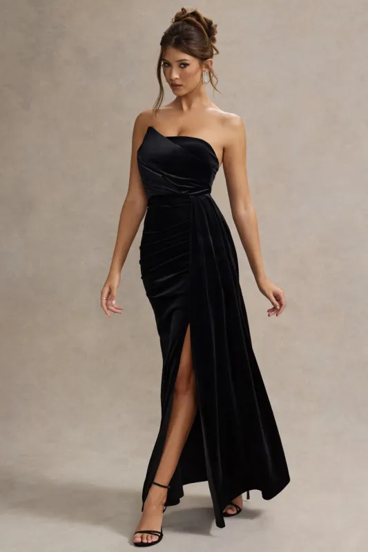 Zafira | Black Velvet Strapless Draped Maxi Dress made by Club L London