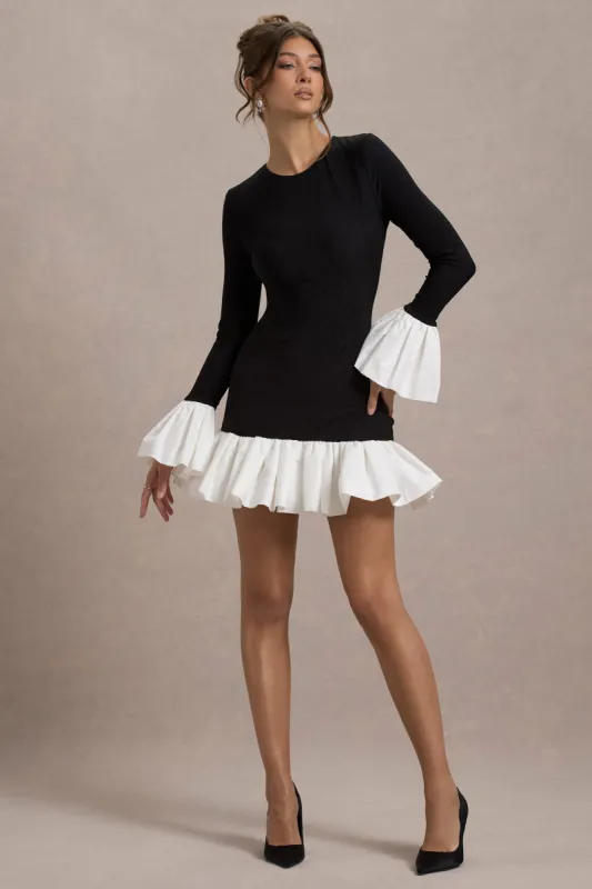 Josefina | Black Long-Sleeve Mini Dress With White Satin Trims sold by Club L London