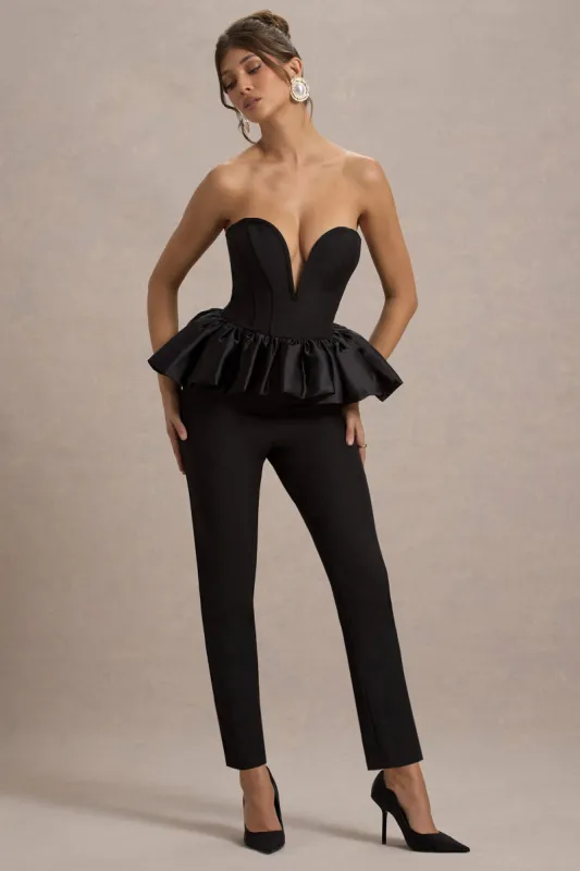 Idaho | Black Sweetheart Corset Jumpsuit With Satin Peplum sold by Club L London