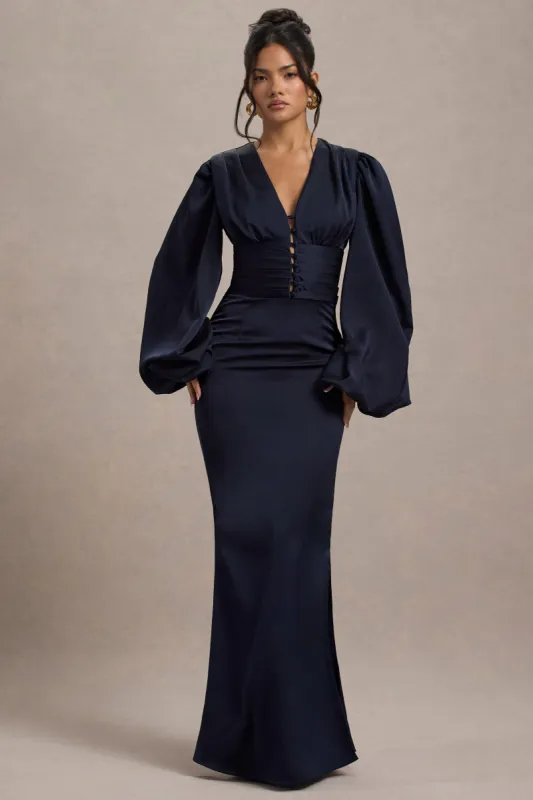 Helsinki | Navy Satin V-Neck Balloon Sleeve Maxi Dress made by Club L London