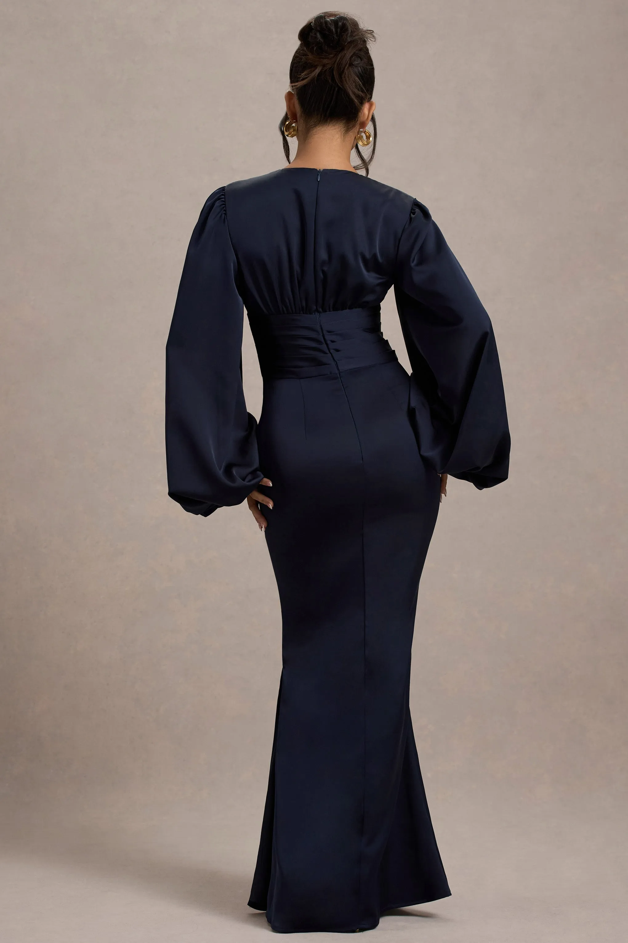 Helsinki | Navy Satin V-Neck Balloon Sleeve Maxi Dress sold by Club L London product image thumbnail 2
