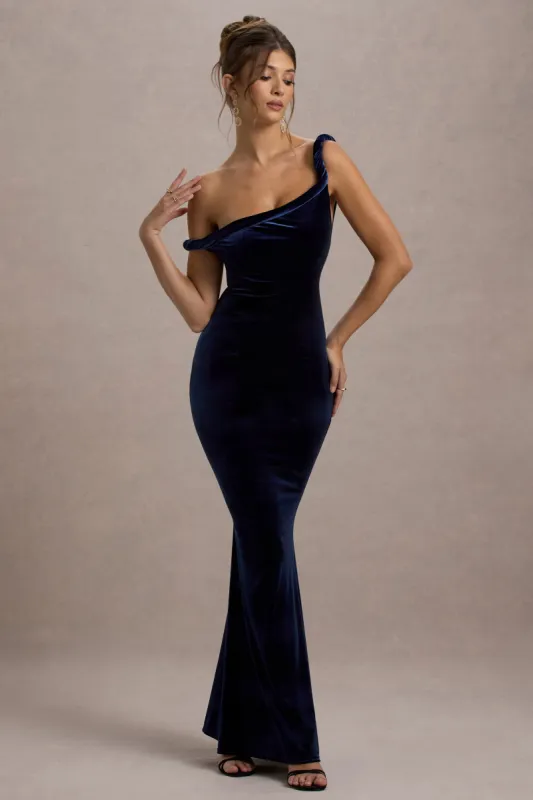 Neeka | Navy Velvet Twisted Asymmetric Maxi Dress sold by Club L London
