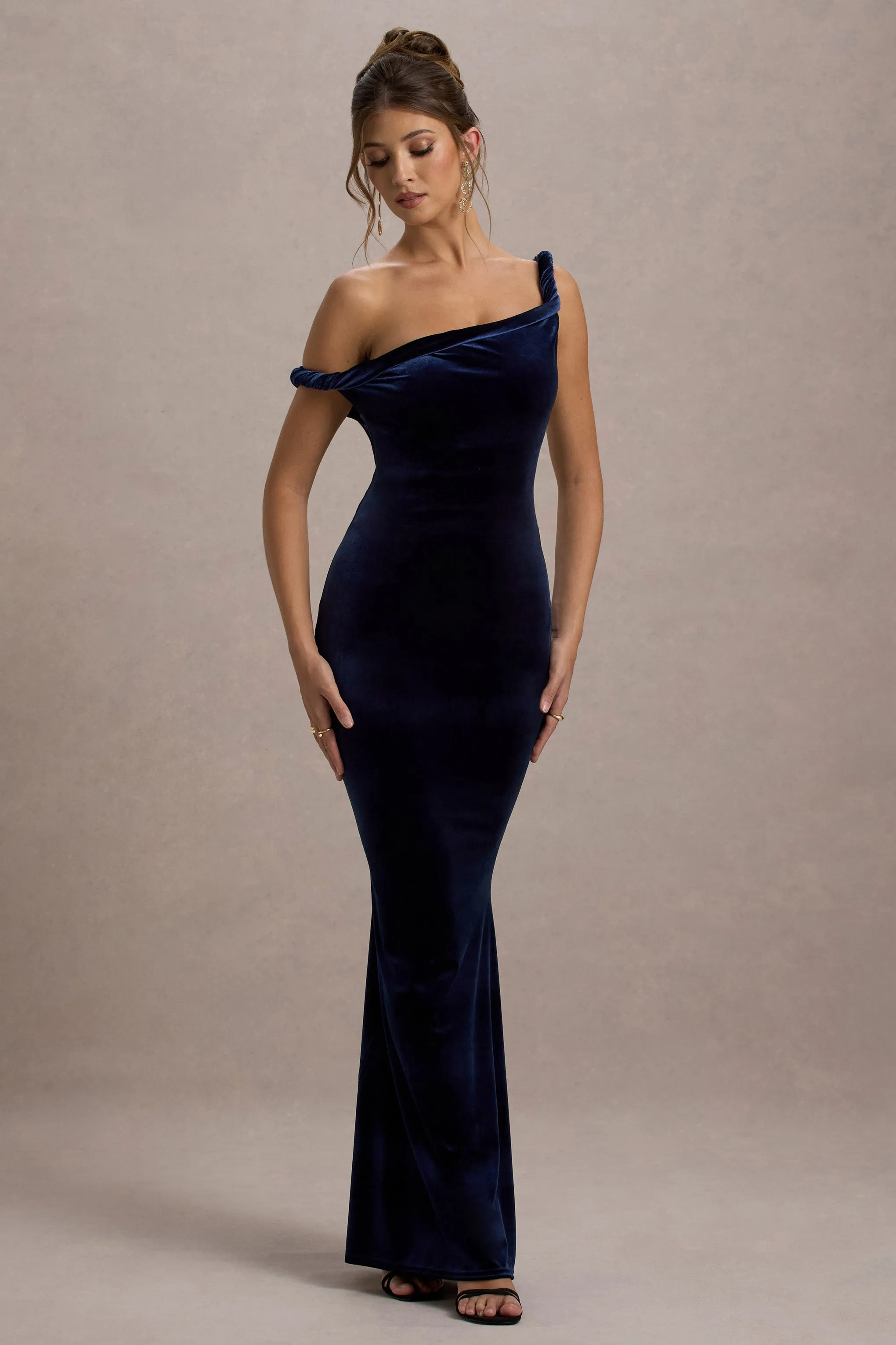 Neeka | Navy Velvet Twisted Asymmetric Maxi Dress sold by Club L London product image thumbnail 5