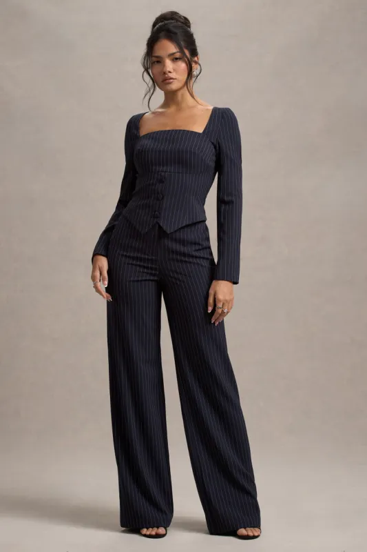New York | Navy Pinstripe Tailored Wide-Leg Trousers sold by Club L London