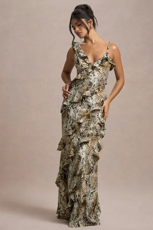 Wispy | Snake Print Plunge-Neck Ruffled Maxi Dress sold by Club L London
