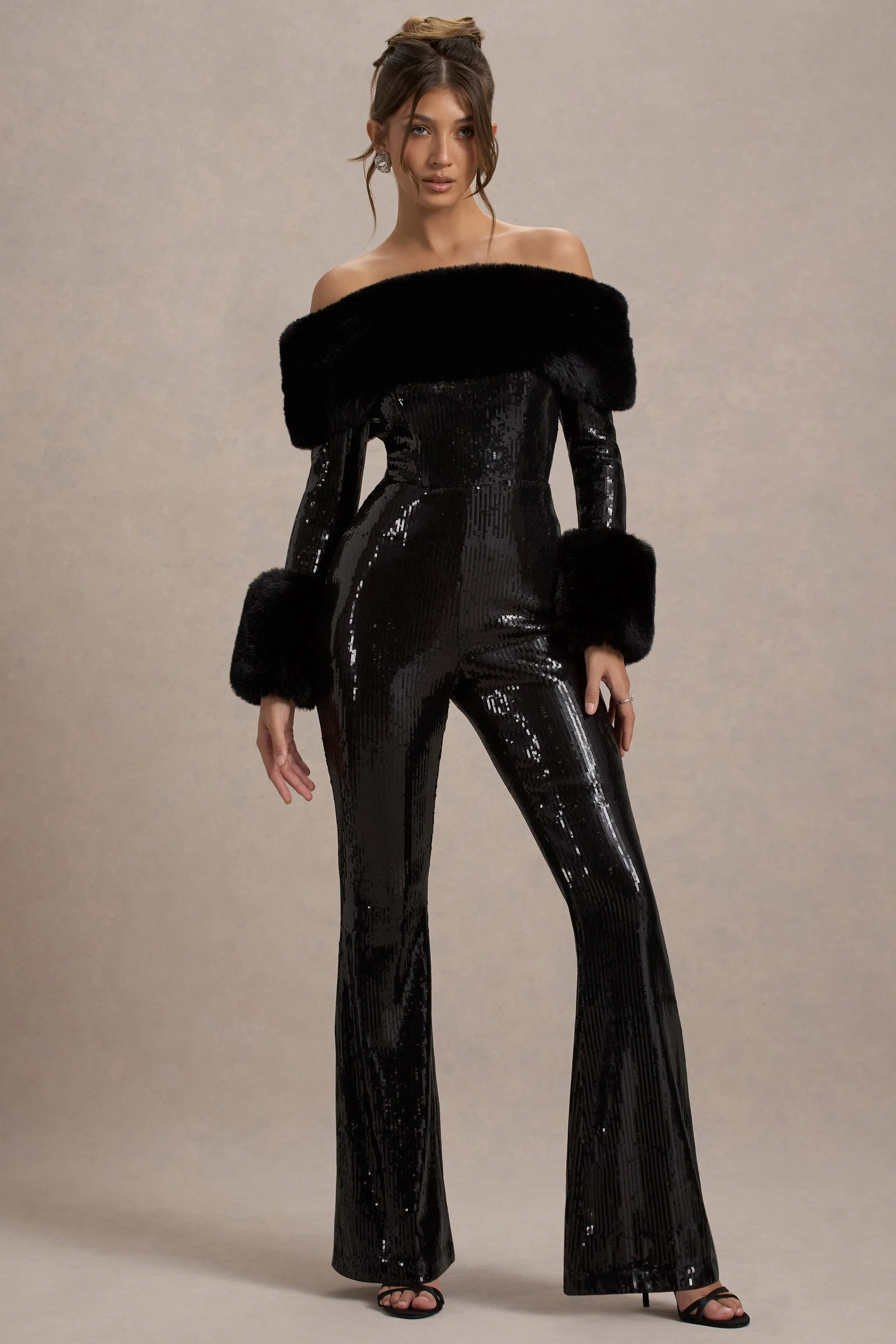 Lunar | Black Sequin Bardot Flared-Leg Jumpsuit With Fur sold by Club L London product image thumbnail 4