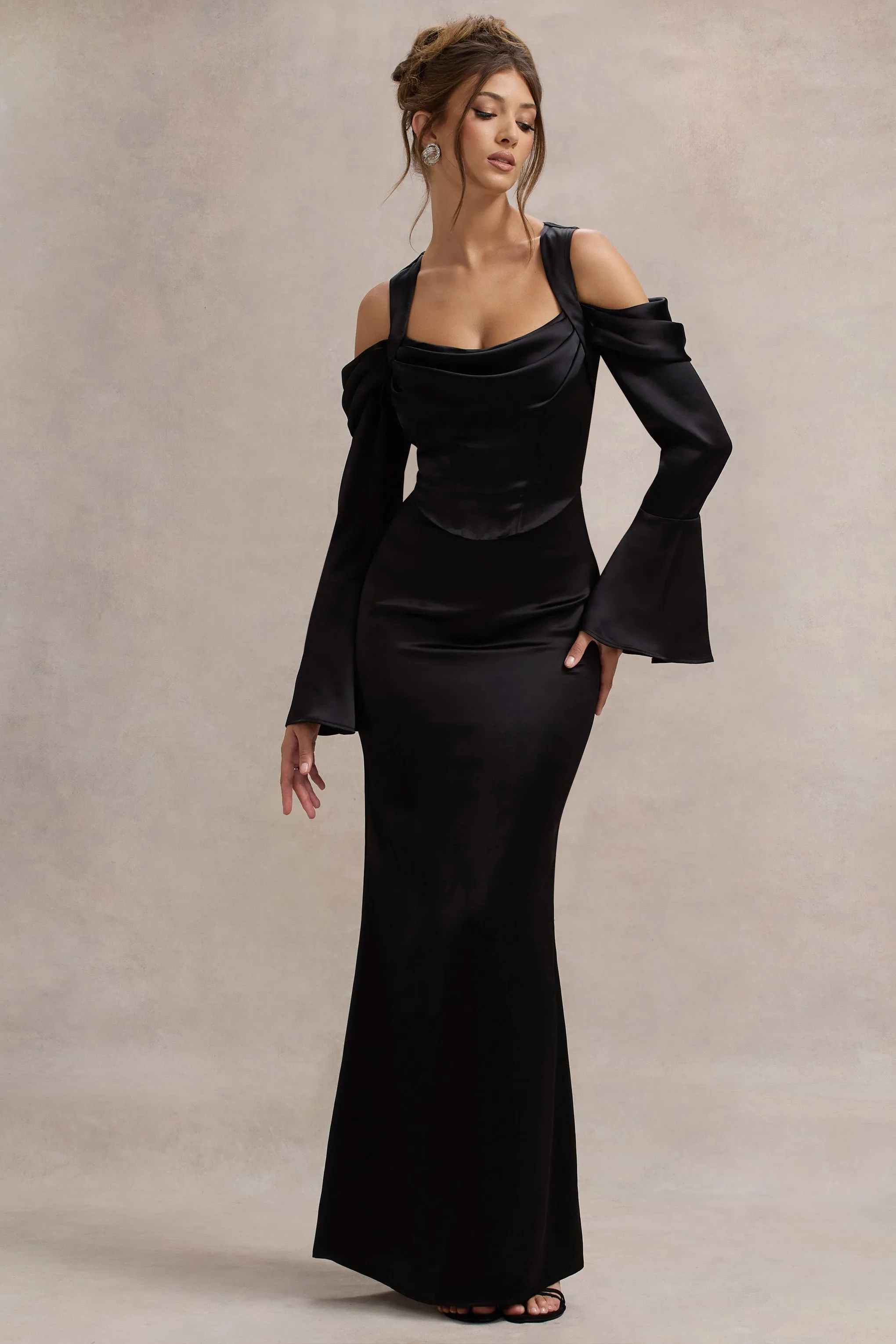 Heartthrob | Black Satin Draped Bardot Maxi Dress sold by Club L London