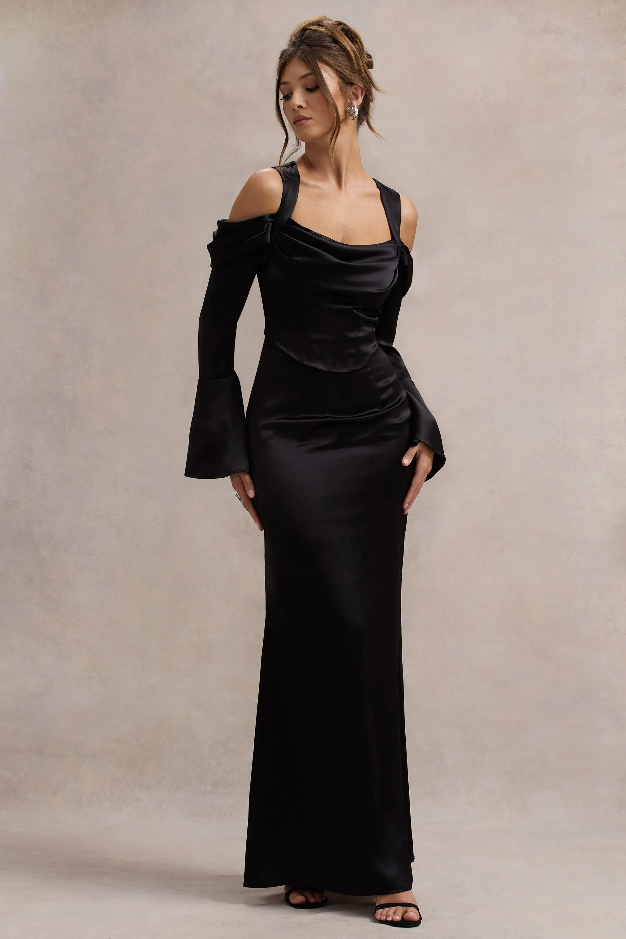 Heartthrob | Black Satin Draped Bardot Maxi Dress sold by Club L London product image thumbnail 4