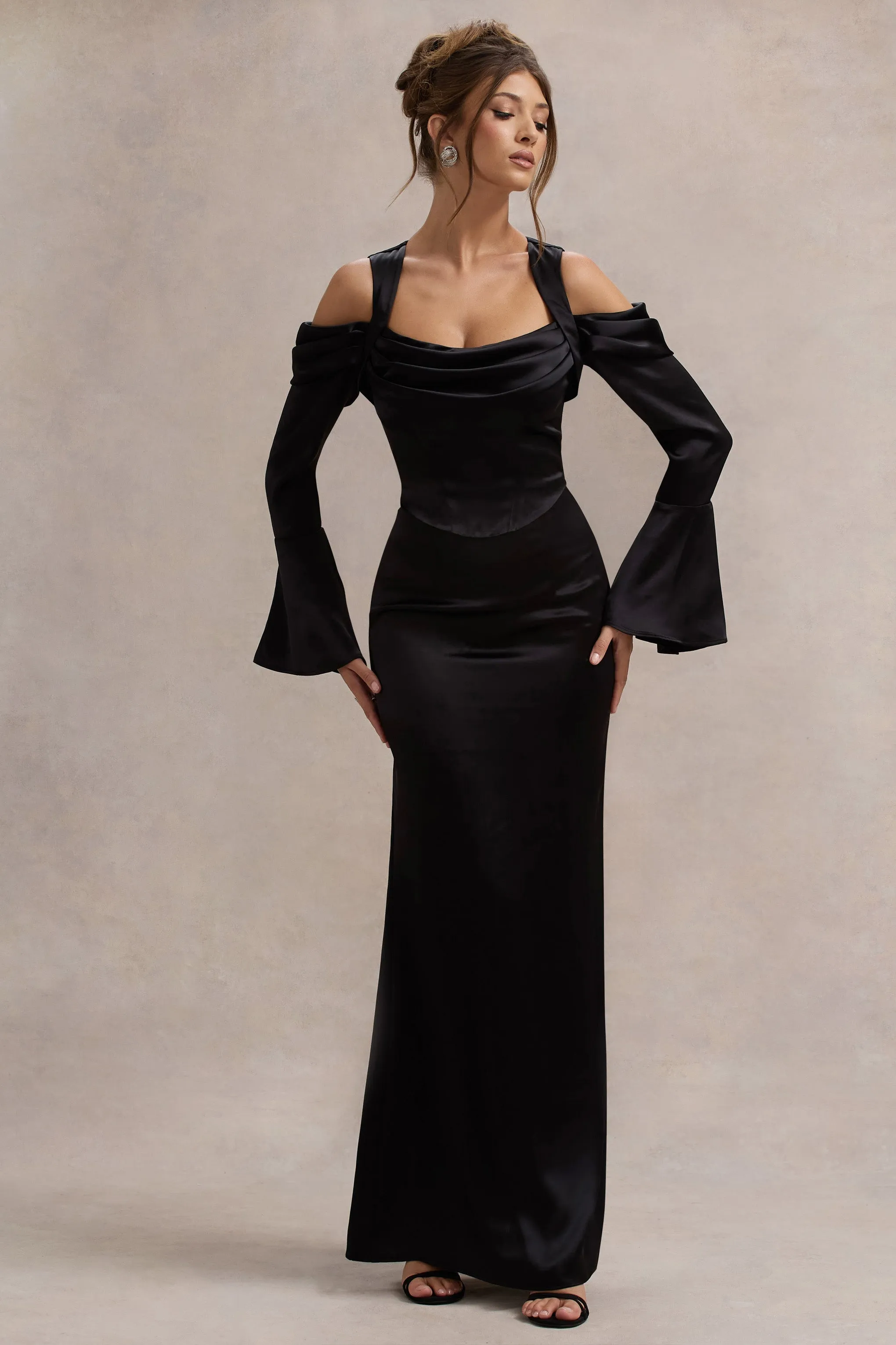 Heartthrob | Black Satin Draped Bardot Maxi Dress sold by Club L London product image thumbnail 5