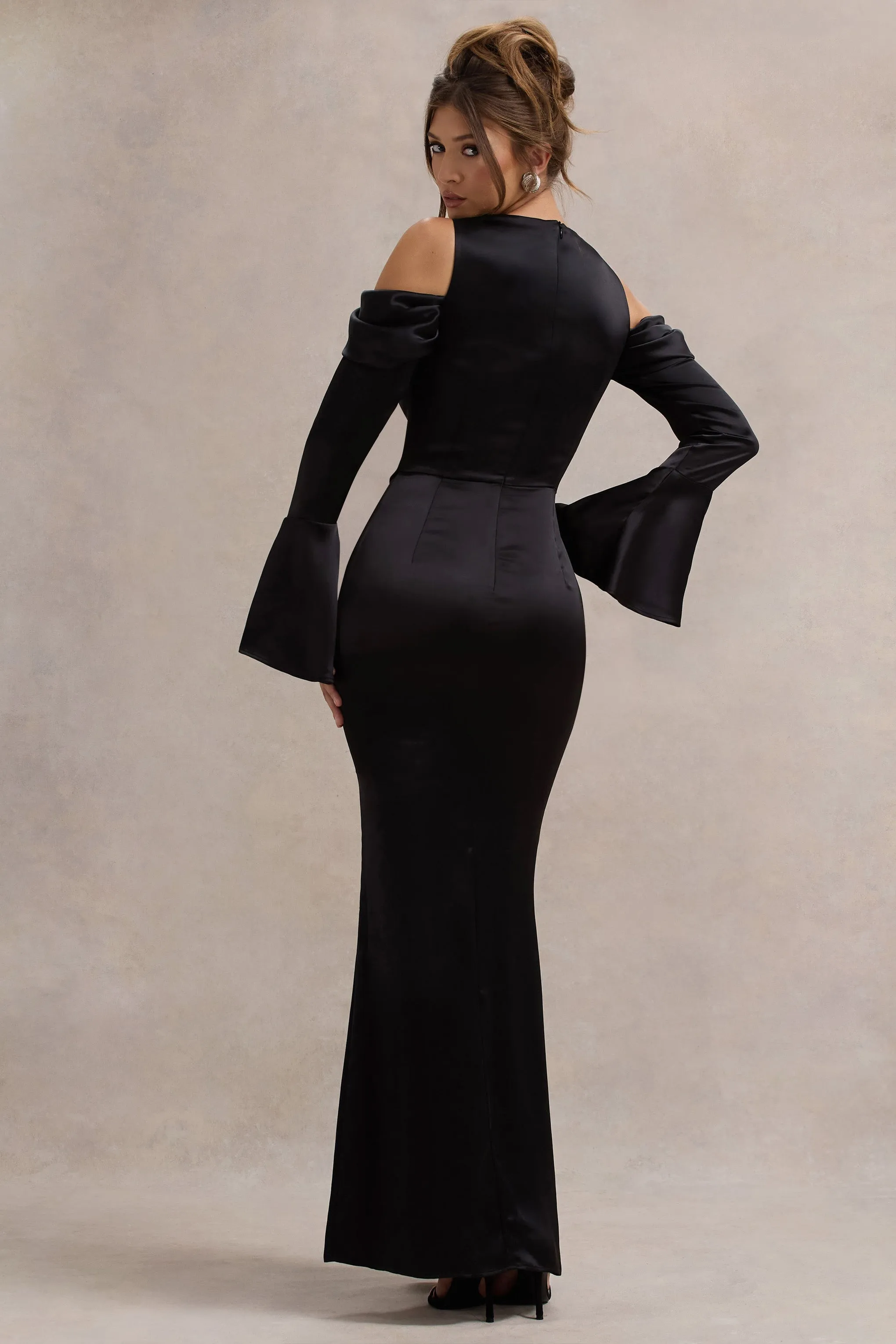 Heartthrob | Black Satin Draped Bardot Maxi Dress sold by Club L London product image thumbnail 2