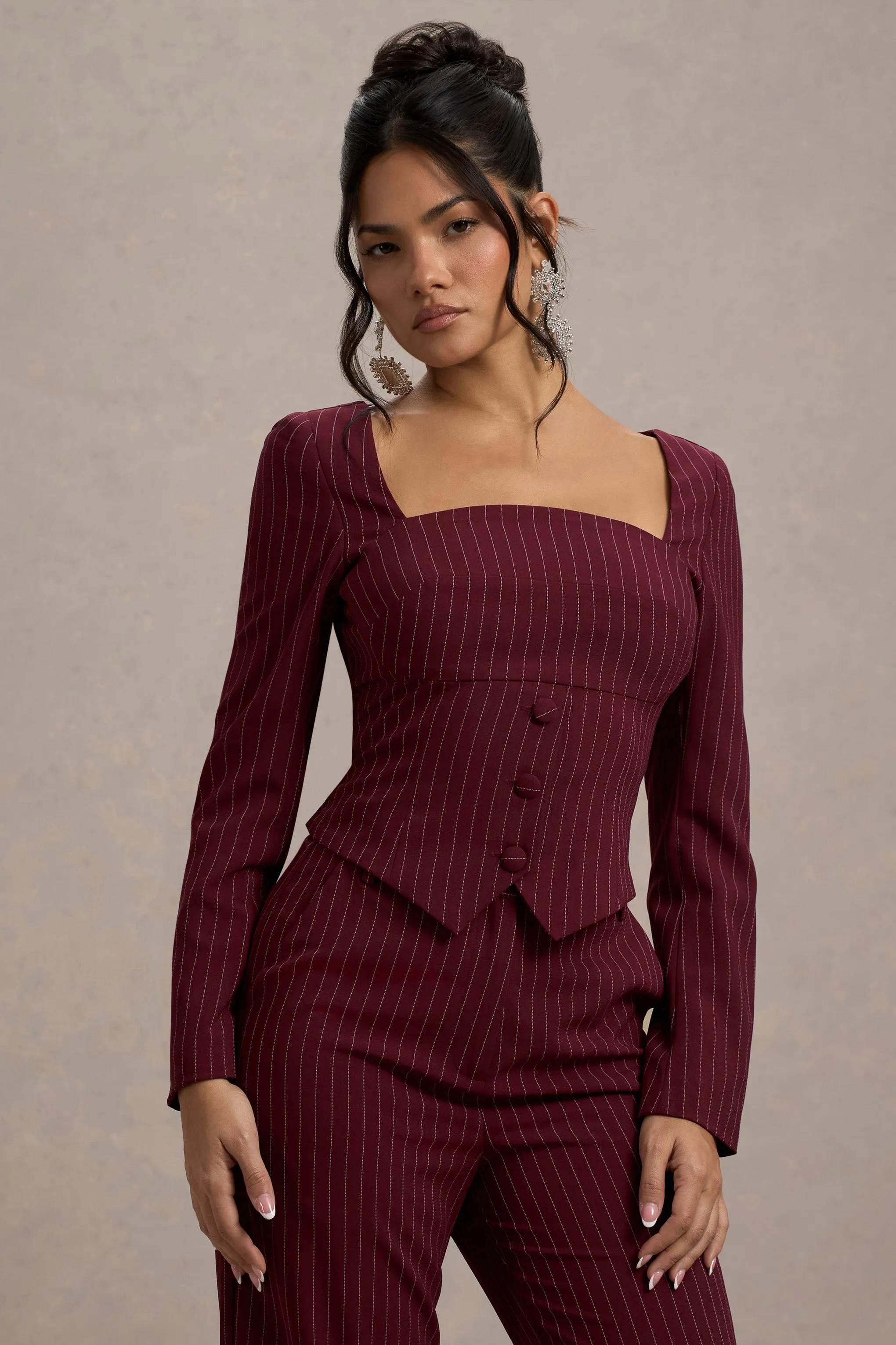 Los Angeles | Wine Pinstripe Tailored Top sold by Club L London product image thumbnail 3