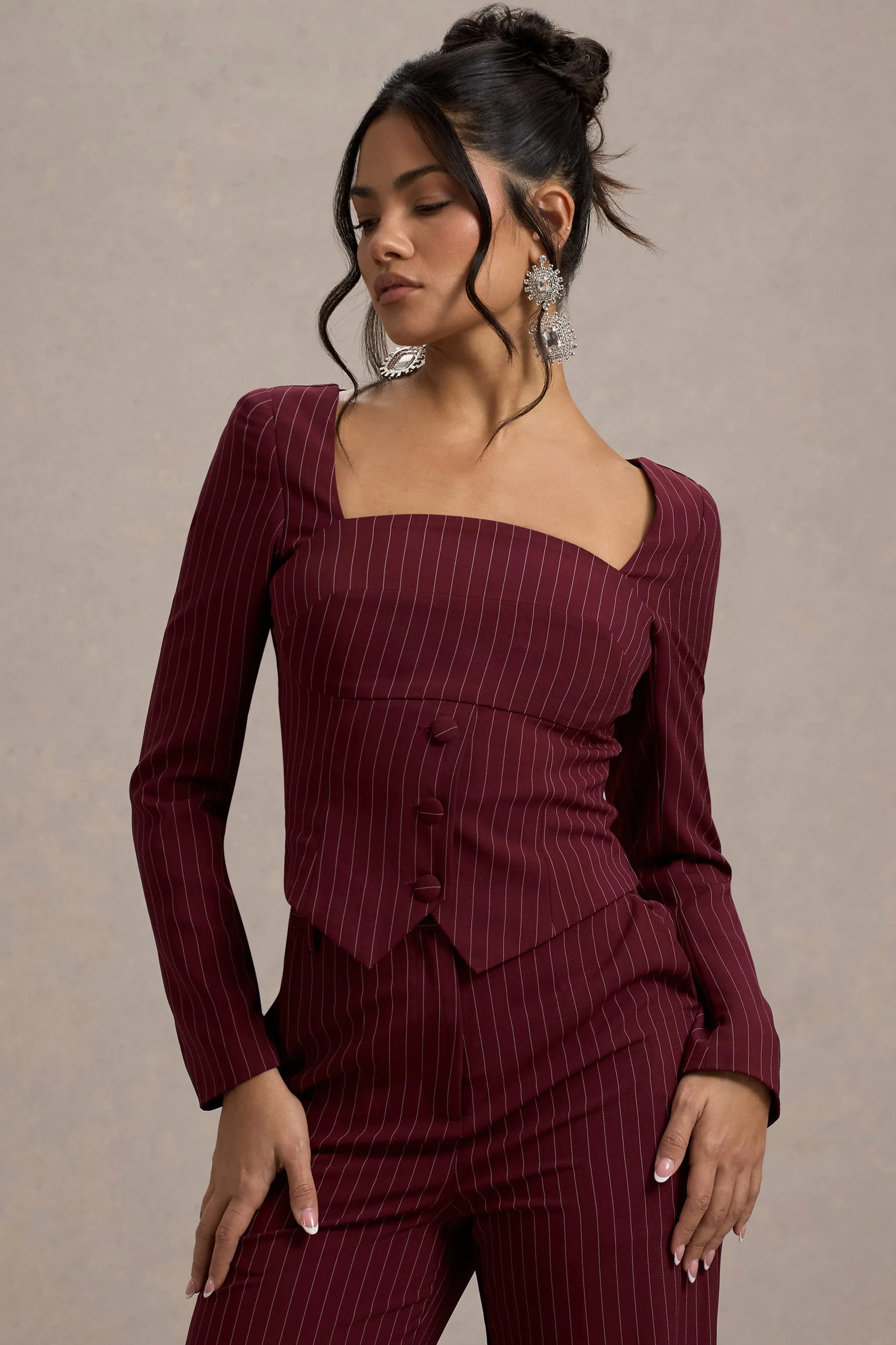 Los Angeles | Wine Pinstripe Tailored Top sold by Club L London