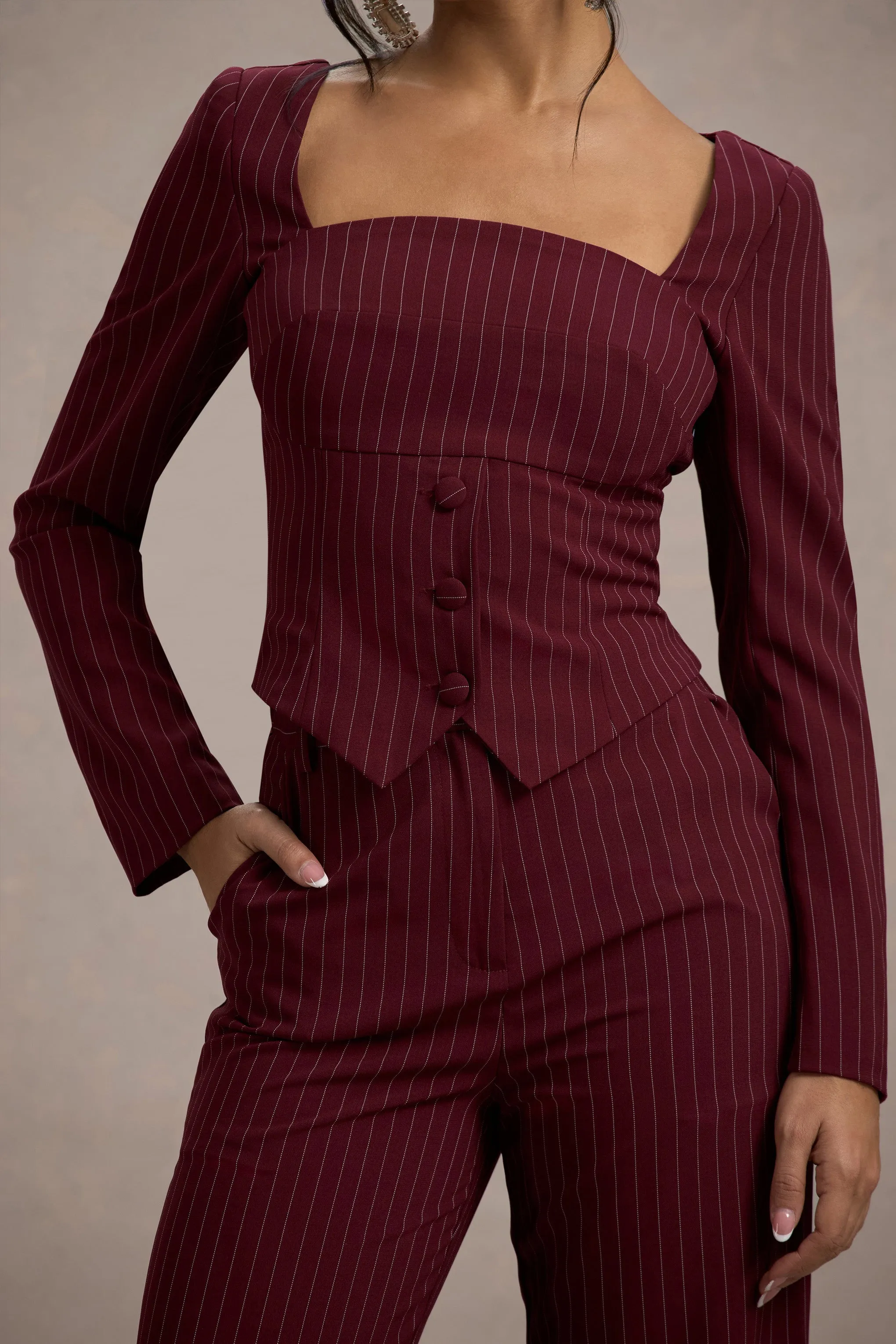 Los Angeles | Wine Pinstripe Tailored Top sold by Club L London product image thumbnail 4