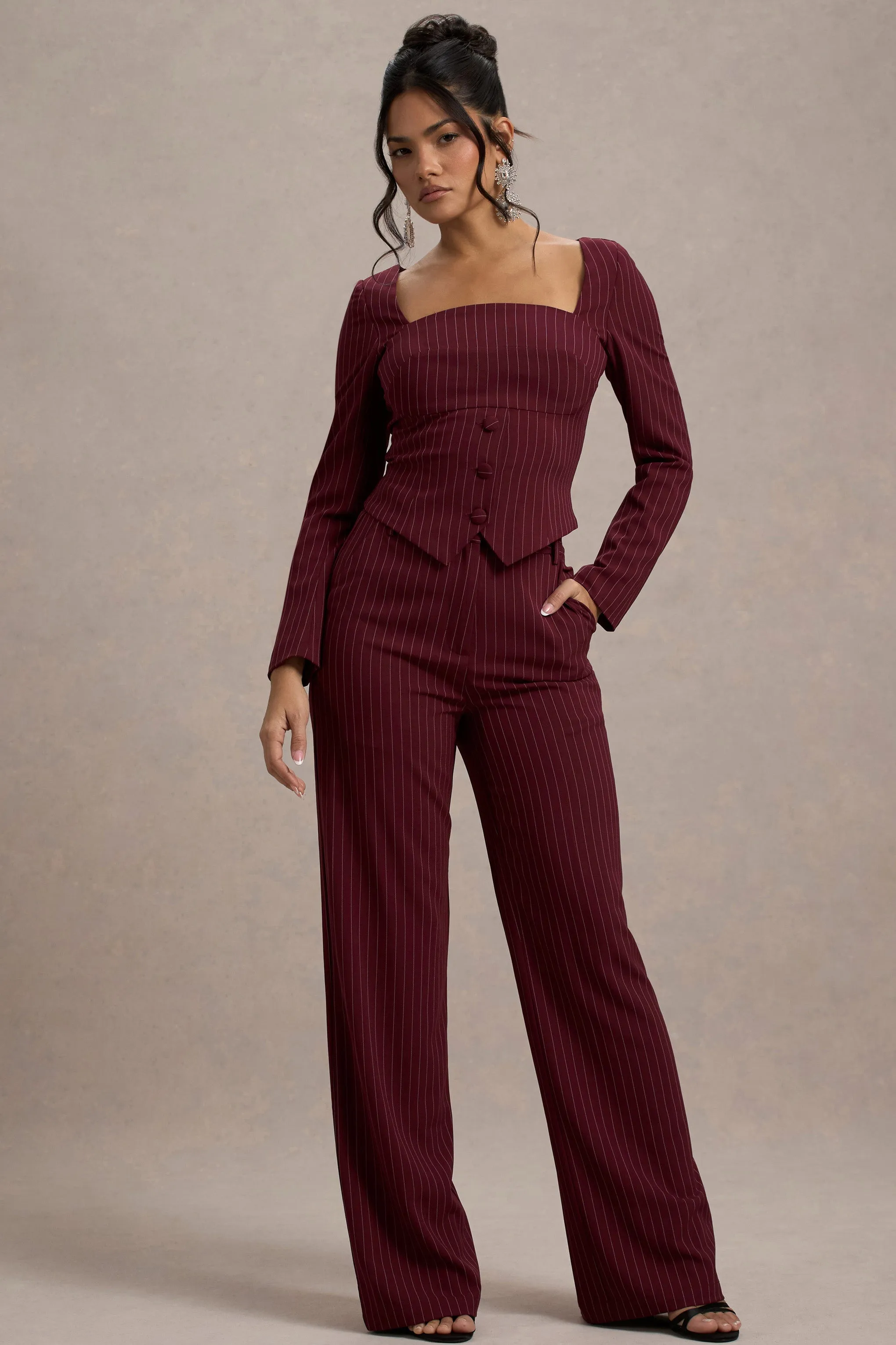 Los Angeles | Wine Pinstripe Tailored Top sold by Club L London product image thumbnail 2