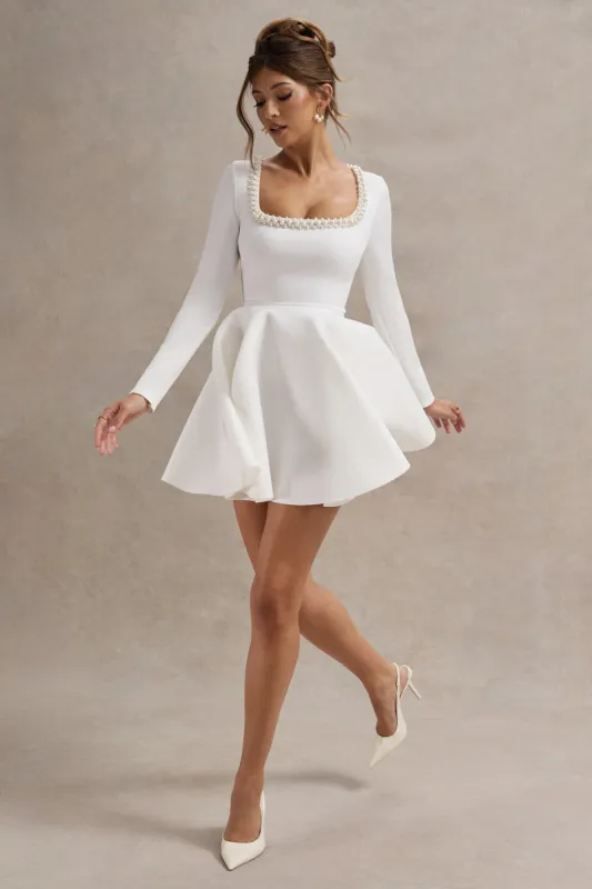 Wilder | White Square-Neck Long-Sleeve Skater Mini Dress sold by Club L London