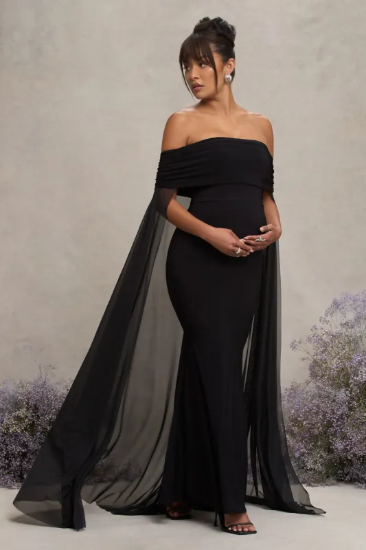 Carlotta | Black Bardot Maternity Maxi Dress With Chiffon Cape sold by Club L London