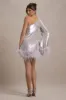 Free Soul | Lilac Sequin One-Shoulder Feather Trim Mini Dress sold by Club L London