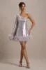 Free Soul | Lilac Sequin One-Shoulder Feather Trim Mini Dress sold by Club L London