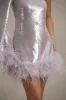 Free Soul | Lilac Sequin One-Shoulder Feather Trim Mini Dress sold by Club L London