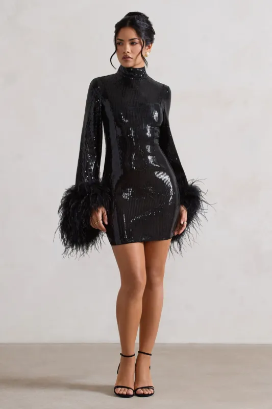 Cupid | Black Sequin High-Neck Mini Dress With Feather Cuffs sold by Club L London