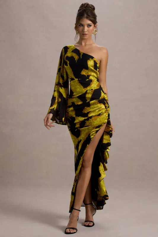 Sevilla | Mustard Print Satin Jacquard One Sleeve Ruffled Split Maxi Dress made by Club L London