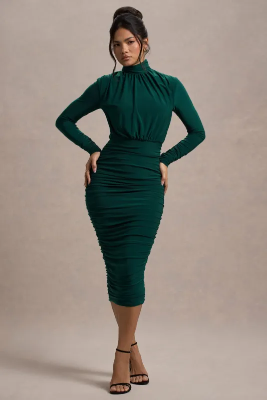 Dasha | Bottle Green Ruched High-Neck Long-Sleeve Midi Dress sold by Club L London
