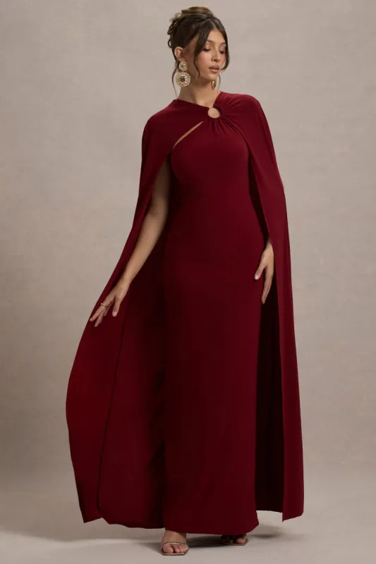 Aliza | Berry Cape Maxi Dress With Gold Ring sold by Club L London
