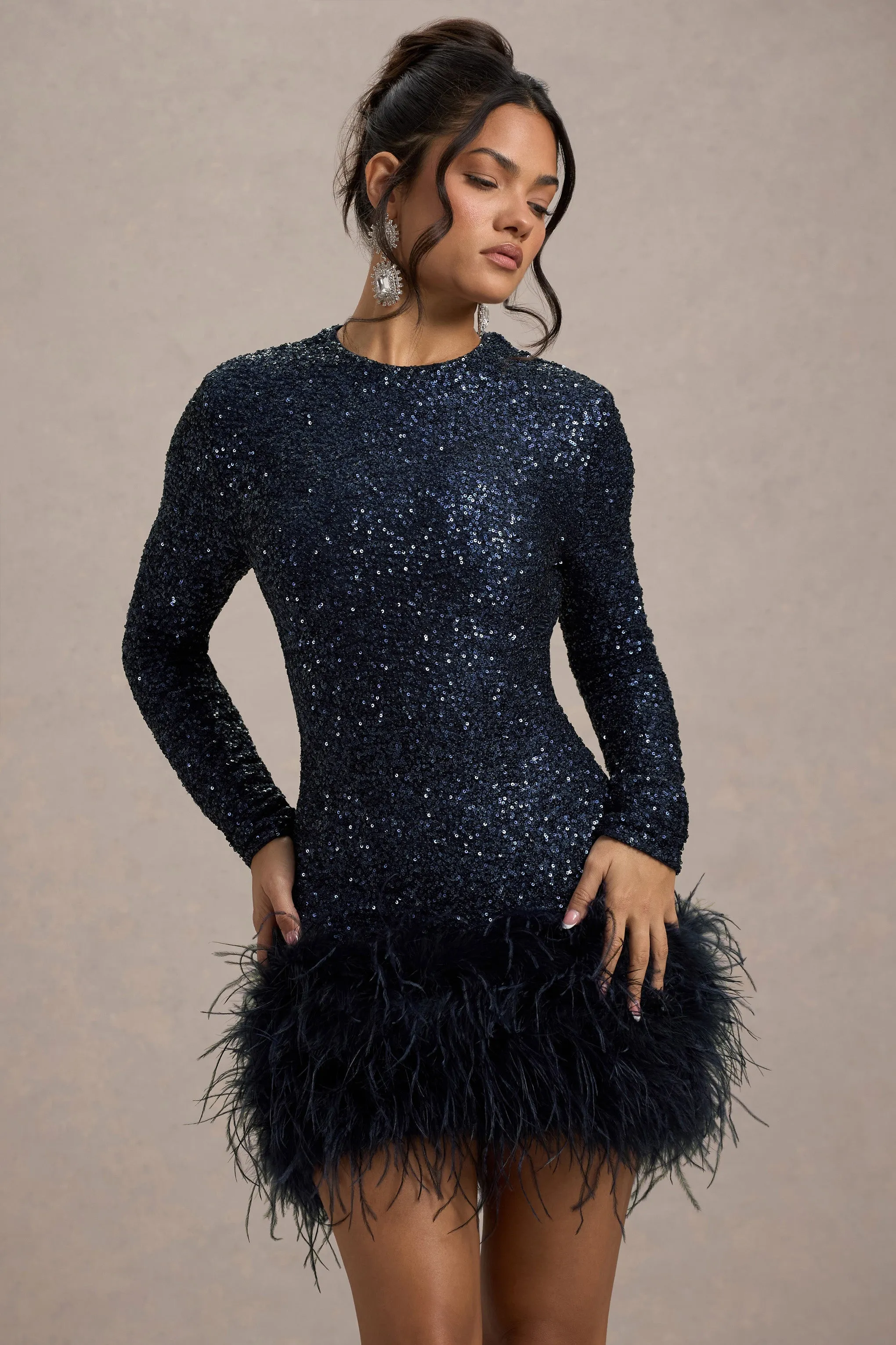 Claudia | Navy Sequin High Neck Feather Hem Mini Dress With Long Sleeves sold by Club L London product image thumbnail 3