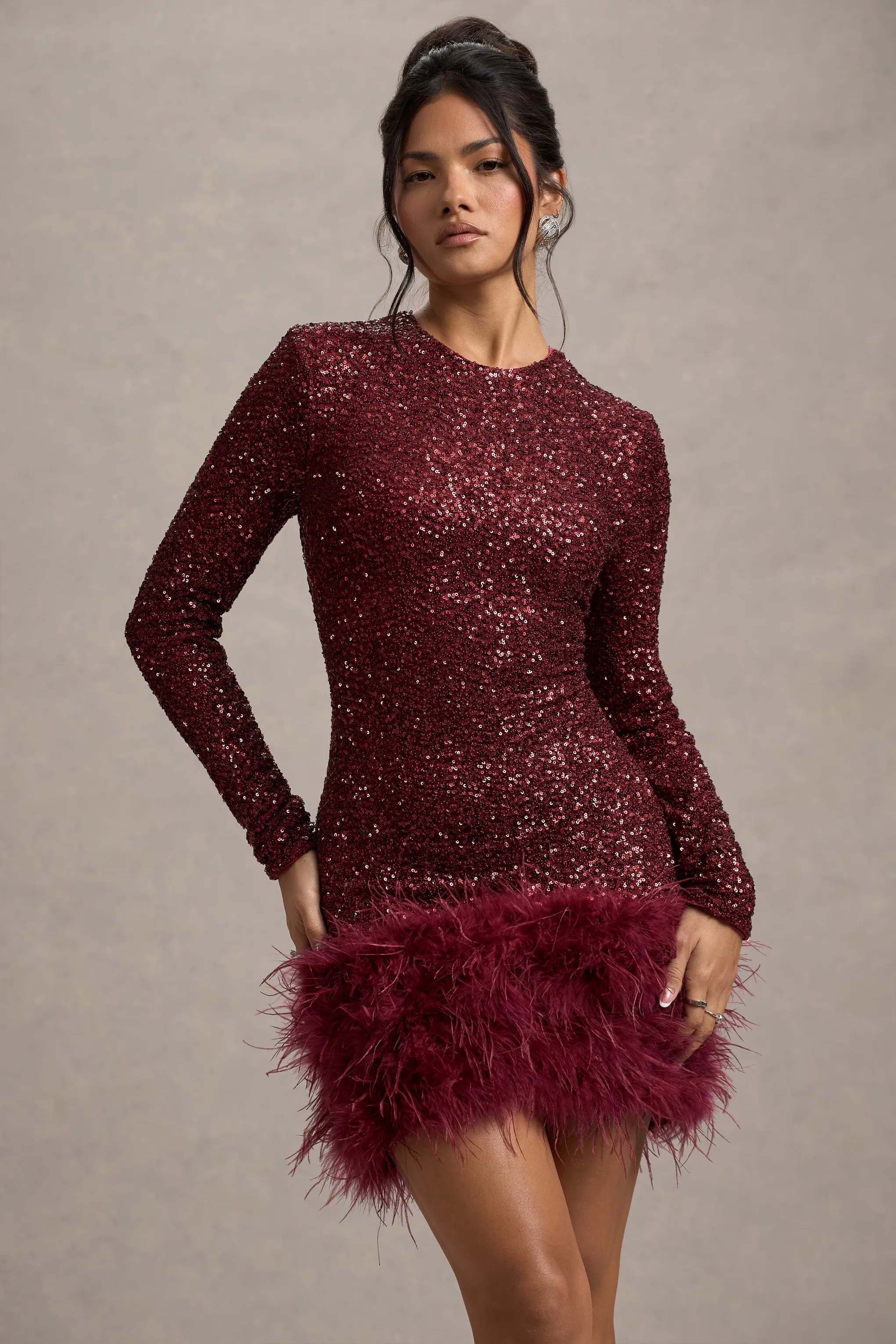 Claudia | Berry Sequin High Neck Feather Hem Mini Dress With Long Sleeves sold by Club L London product image thumbnail 3