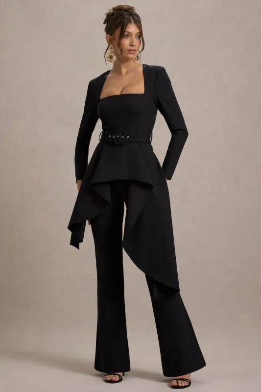 Eminent | Black Square-Neck Flared-Leg Jumpsuit With Draped Waist sold by Club L London