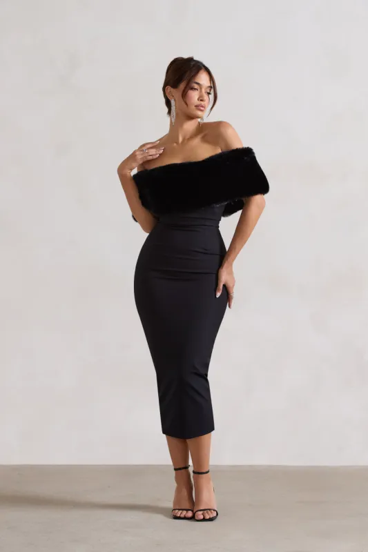 Zia | Black Bardot Midi Dress With Fur Trim sold by Club L London