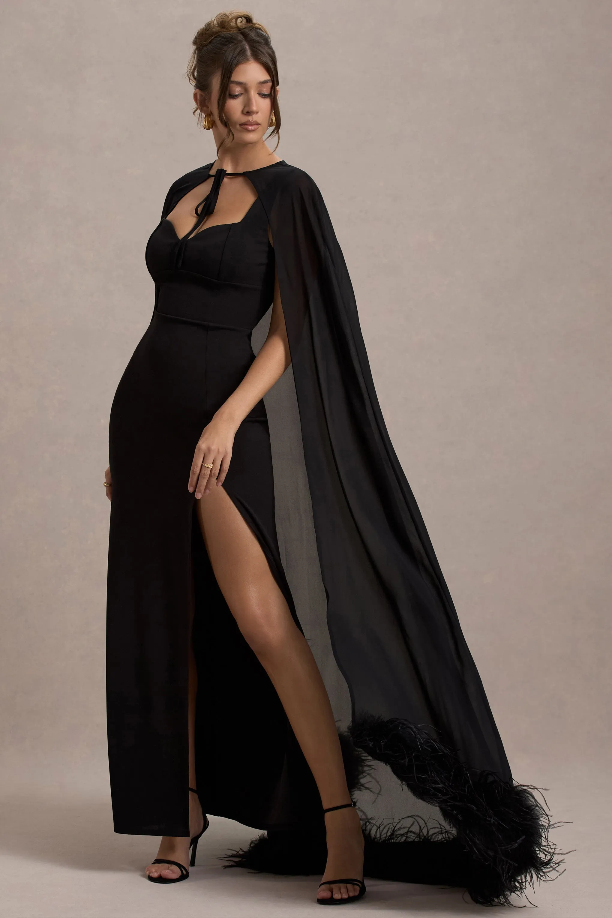Veranna | Black Chiffon Cape with Fur Trim sold by Club L London product image thumbnail 5