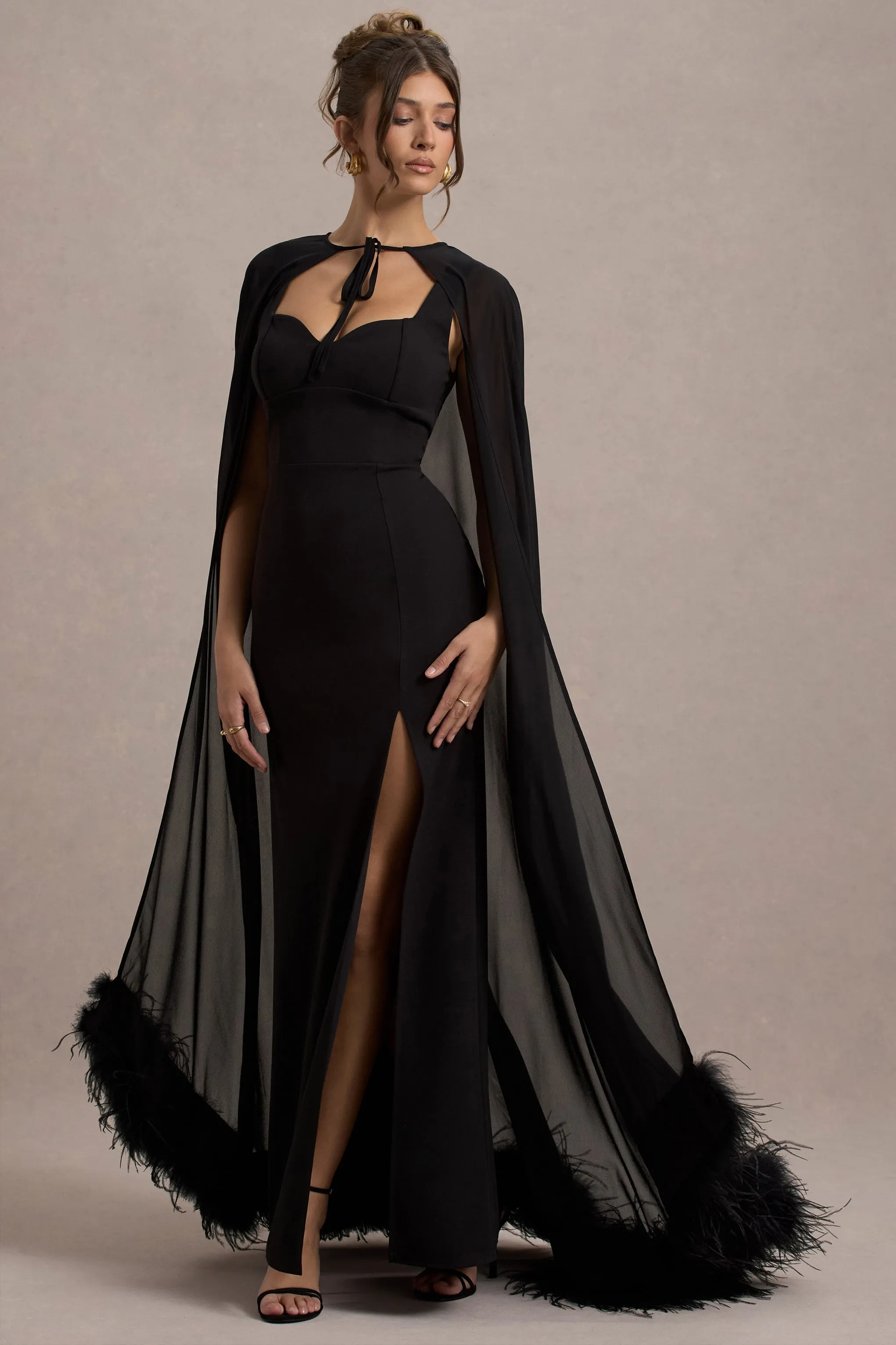 Veranna | Black Chiffon Cape with Fur Trim sold by Club L London product image thumbnail 4
